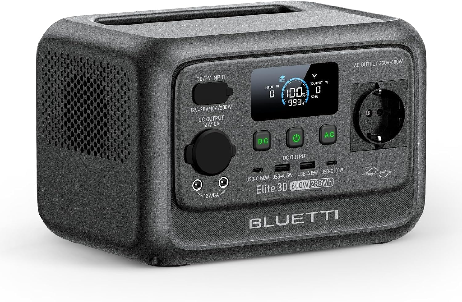 BLUETTI Elite 30 V2 Tragbares Kraftwerk, 288 Wh LFP-Akku, 600 W AC-Ausgang (Power Lifting 1500 W), 0–100 % in 70 Minuten, Solargenerator für Camping, Transporter, Stromausfälle (Solarpanel optional)