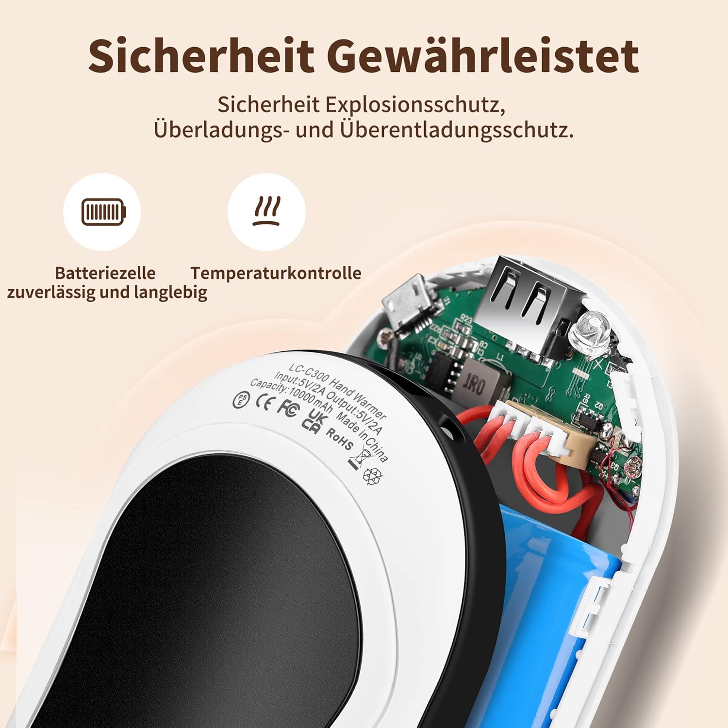 Elektrische Handwärmer, 2er-Set, 10.000 mAh, Taschenwärmer, wiederverwendbar mit Digitalanzeige, Handwärmer, USB wiederaufladbare Powerbank, Wintergeschenk für Frauen und Kinder (Schwarz & Silber) – Bild 5