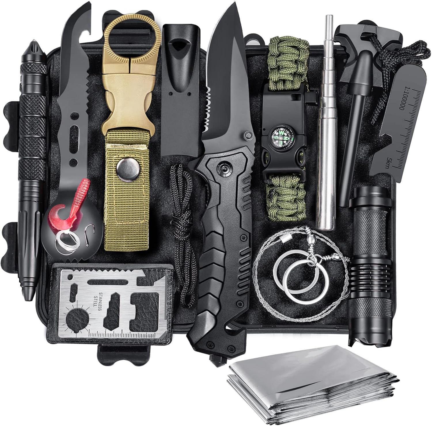 Survival-Kit, Notfall-Überlebensausrüstung mit Camping-Zubehör, Survival-Outdoor-Ausrüstung mit Fackel-Feuerstein für Camping, Abenteuer, Wandern, personalisierte Geschenke für Vater, Männer, Papa