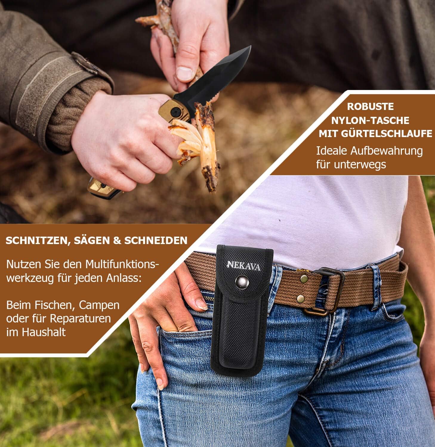 NEKAVA 5-in-1-Multifunktionswerkzeug mit Klappmesser aus schwarzem Edelstahl und goldenem Griff. Ideal als Survivalmesser für Outdoor, Camping, Haushalt. Inklusive kostenlosem Kreditkarten-Tool – Bild 5