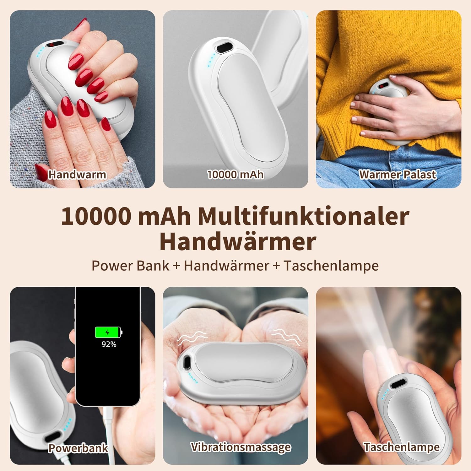 Elektrische Handwärmer, 2er-Set, 10.000 mAh, Taschenwärmer, wiederverwendbar mit Digitalanzeige, Handwärmer, USB wiederaufladbare Powerbank, Wintergeschenk für Frauen und Kinder (Schwarz & Silber) – Bild 4