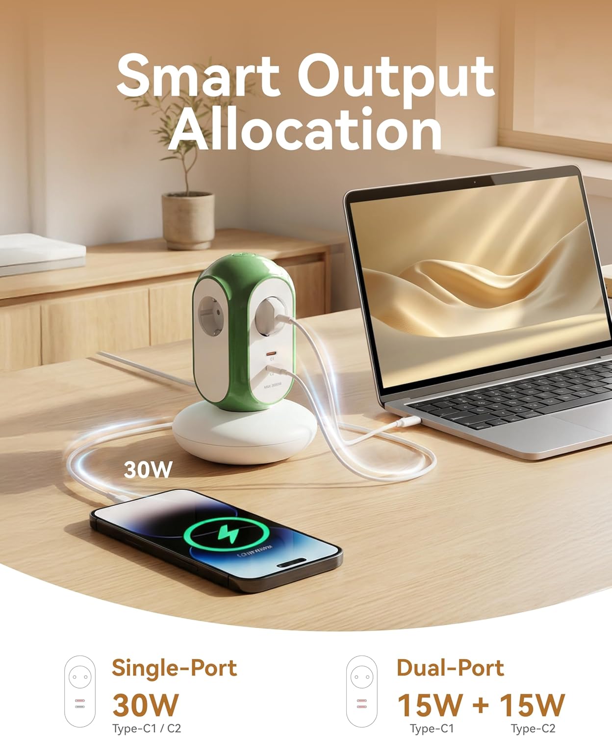 MiaoLab Steckdosenleiste mit 3 Steckdosen und 2 USB-C (30 W Schnellladung), 3680 W/16 A, 1420 J Überspannungsschutz, 479 g Basis, 2 m Verlängerungskabel, Überlastschutz, kompatibel mit Typ C/E/F – Bild 3