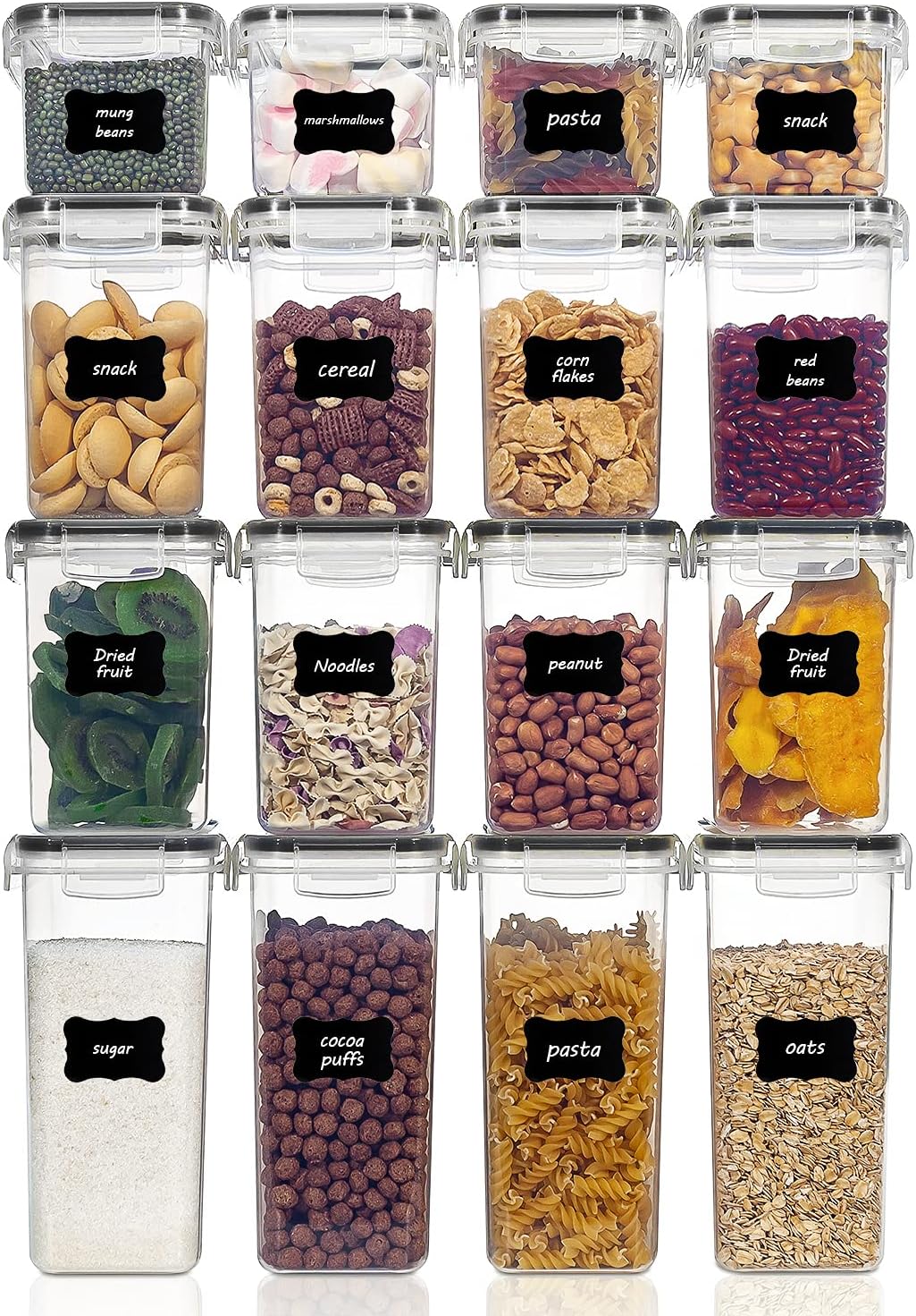 Vtopmart 16-teiliges Set großer Aufbewahrungsbehälter aus Kunststoff – Leicht fließende Aufbewahrungsbehälter für Müsli und Lebensmittel – BPA-frei (Bisphenol A.), luftdicht – Set mit 24 Etiketten für Müsli, Mehl, Zucker (schwarz)