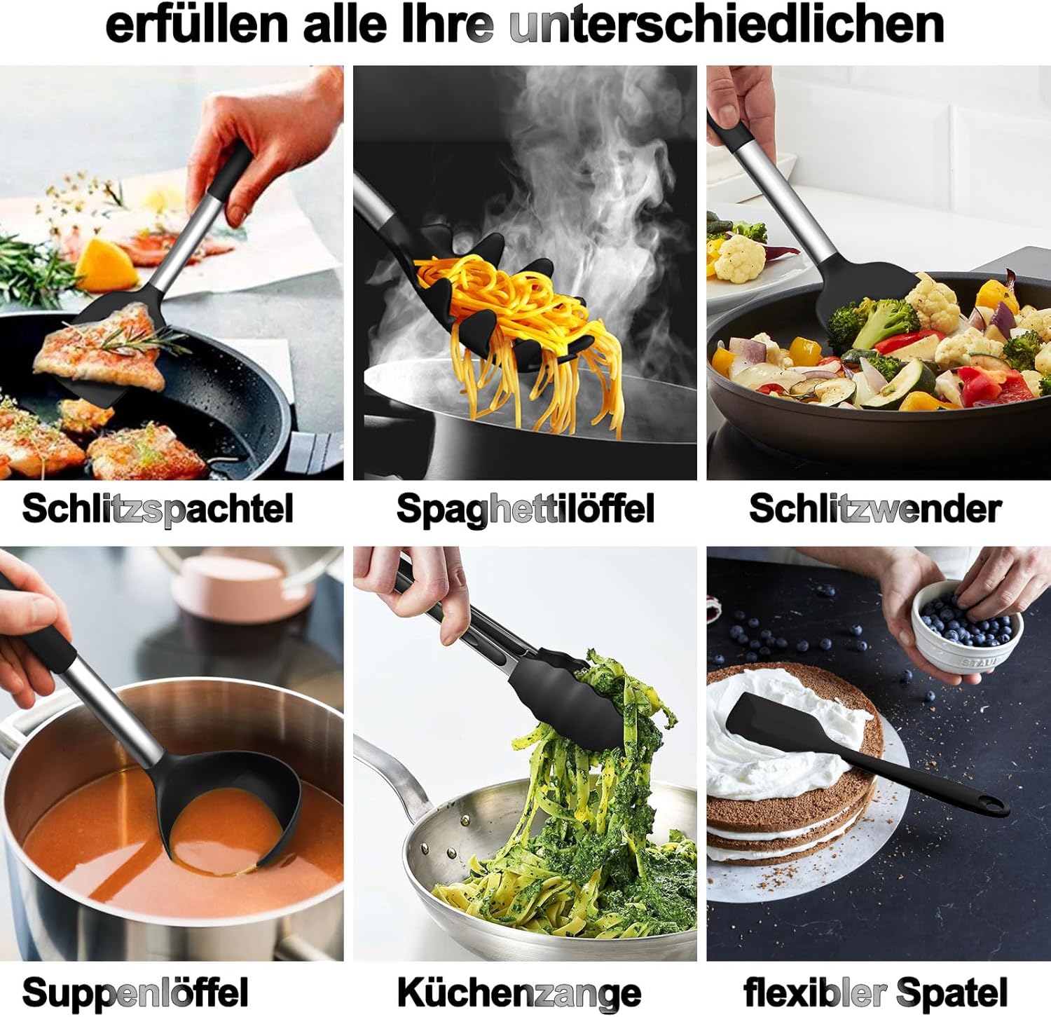 Küchenutensilien-Set, 26-teilig, Silikon-Kochutensilien, Kochbesteck-Set, hitzebeständiges Kochgeschirr mit Utensilienhalter, Antihaft-Kochset, Küchenutensilien mit Edelstahlgriff, spülmaschinenfest – Bild 6