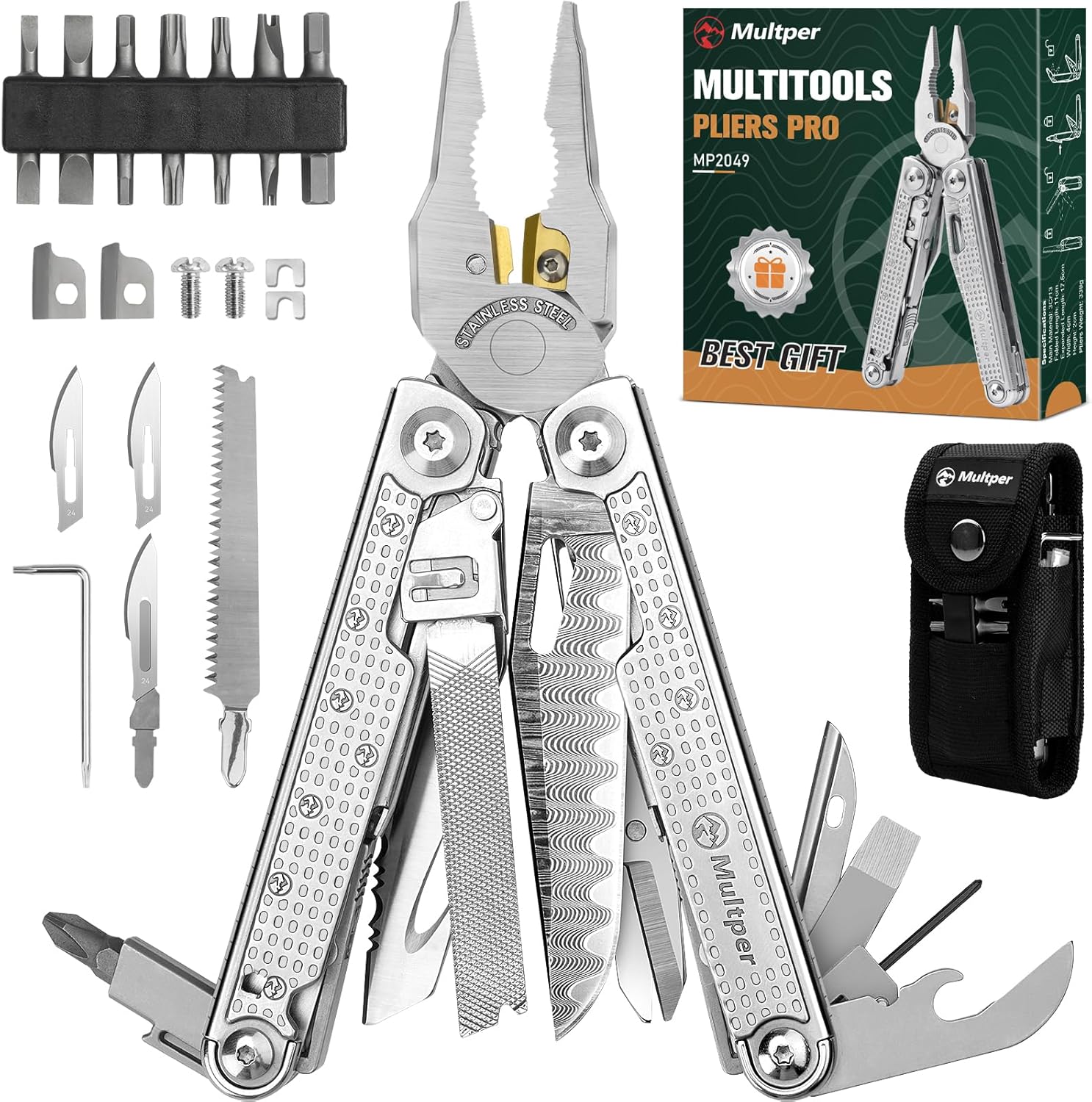 Multper Multitool-Werkzeug, Geschenke für Männer, verbessertes Multitool aus Edelstahl, faltbar mit Damastmesser, Drahtschneider und Schraubendreher-Set, Multifunktionszange für Outdoor und Camping