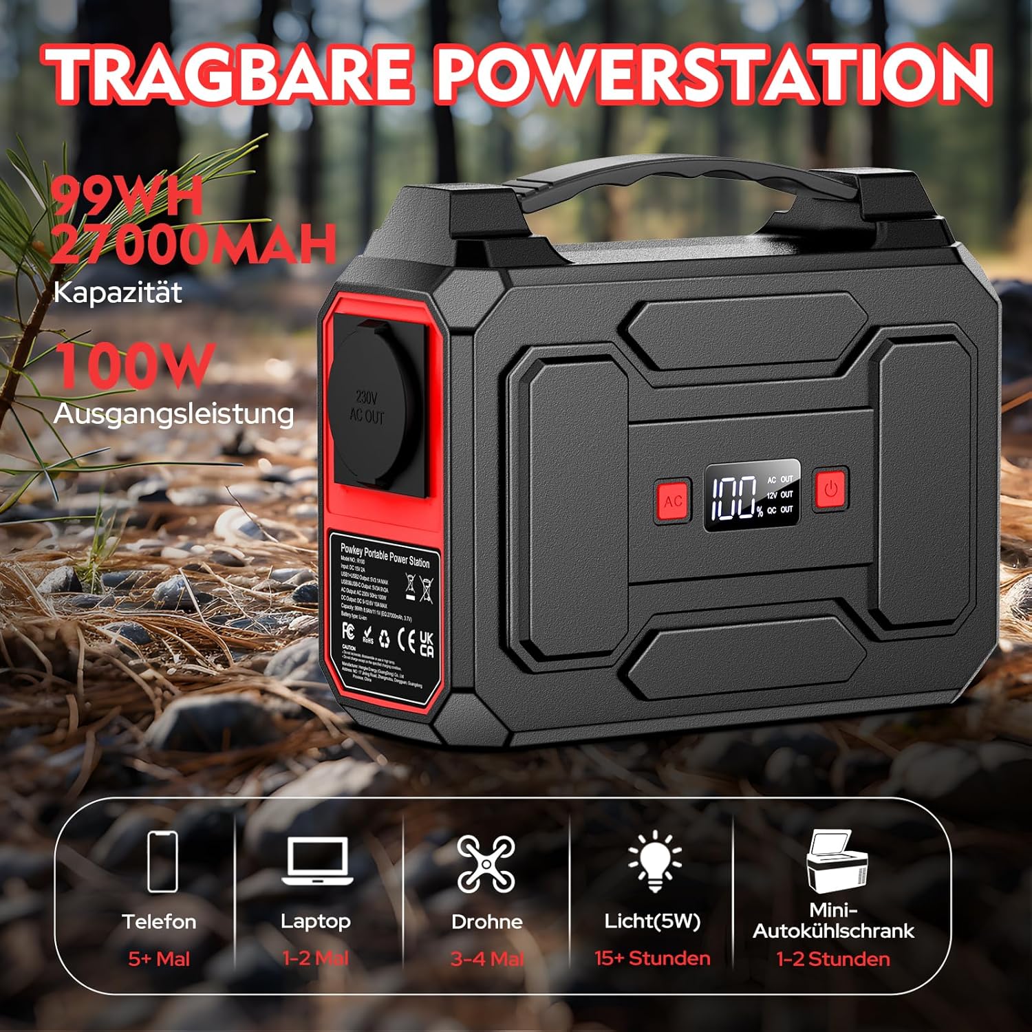 Powkey Tragbare Power Station 99 Wh/27000 mAh Tragbare Power Station 100 W Solargenerator mit 230 V AC Ausgang/QC 3.0 18 W USB/Typ C für Camping Wohnmobile Powerbank mit Steckdose – Bild 2