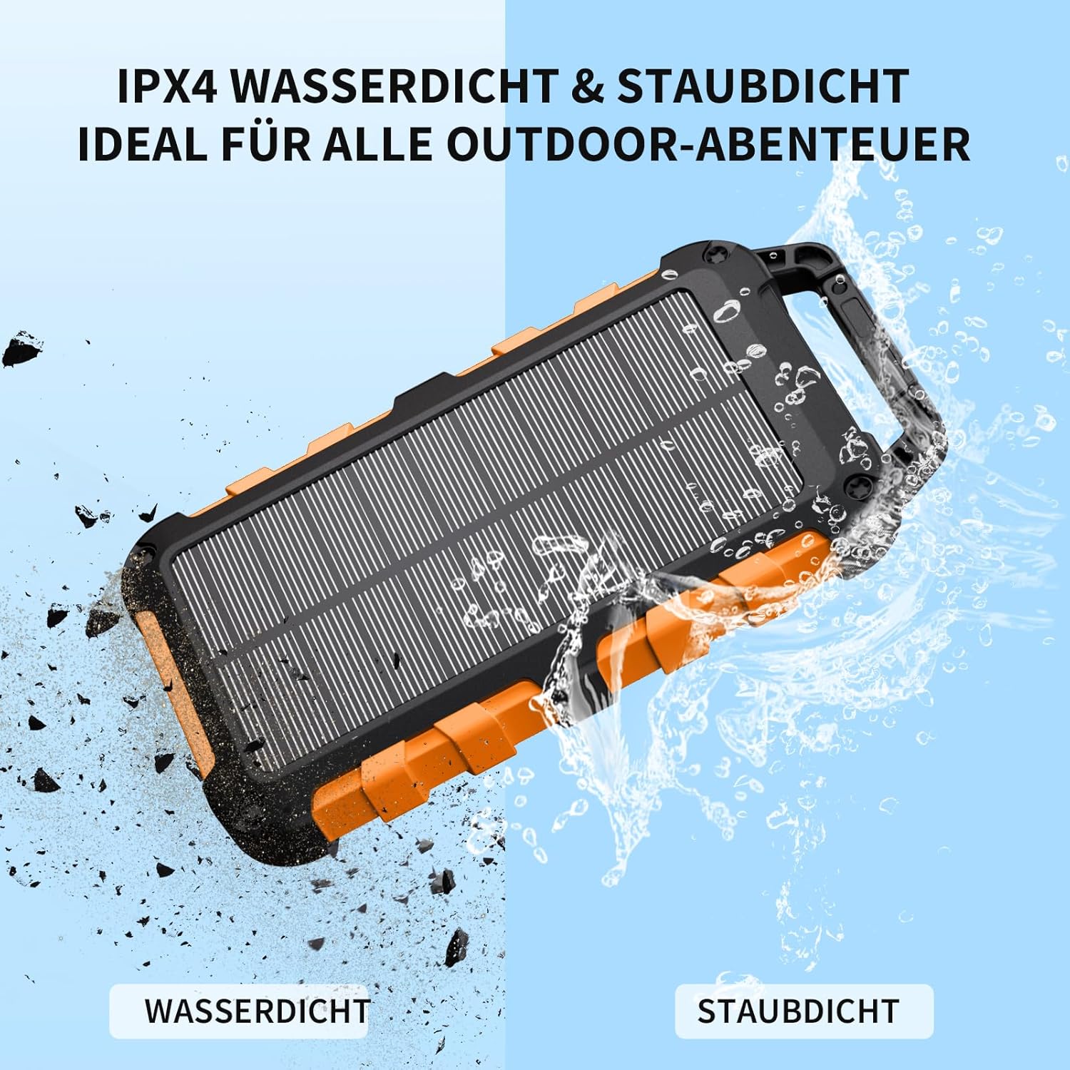 Solar Power Bank 10000 mAh PD 15 W Tragbares Solarladegerät USB C Outdoor Wasserdichter externer Akku mit LED-Licht und 3 Ausgängen für Tablets Smartphones Outdoor Camping Orange – Bild 5