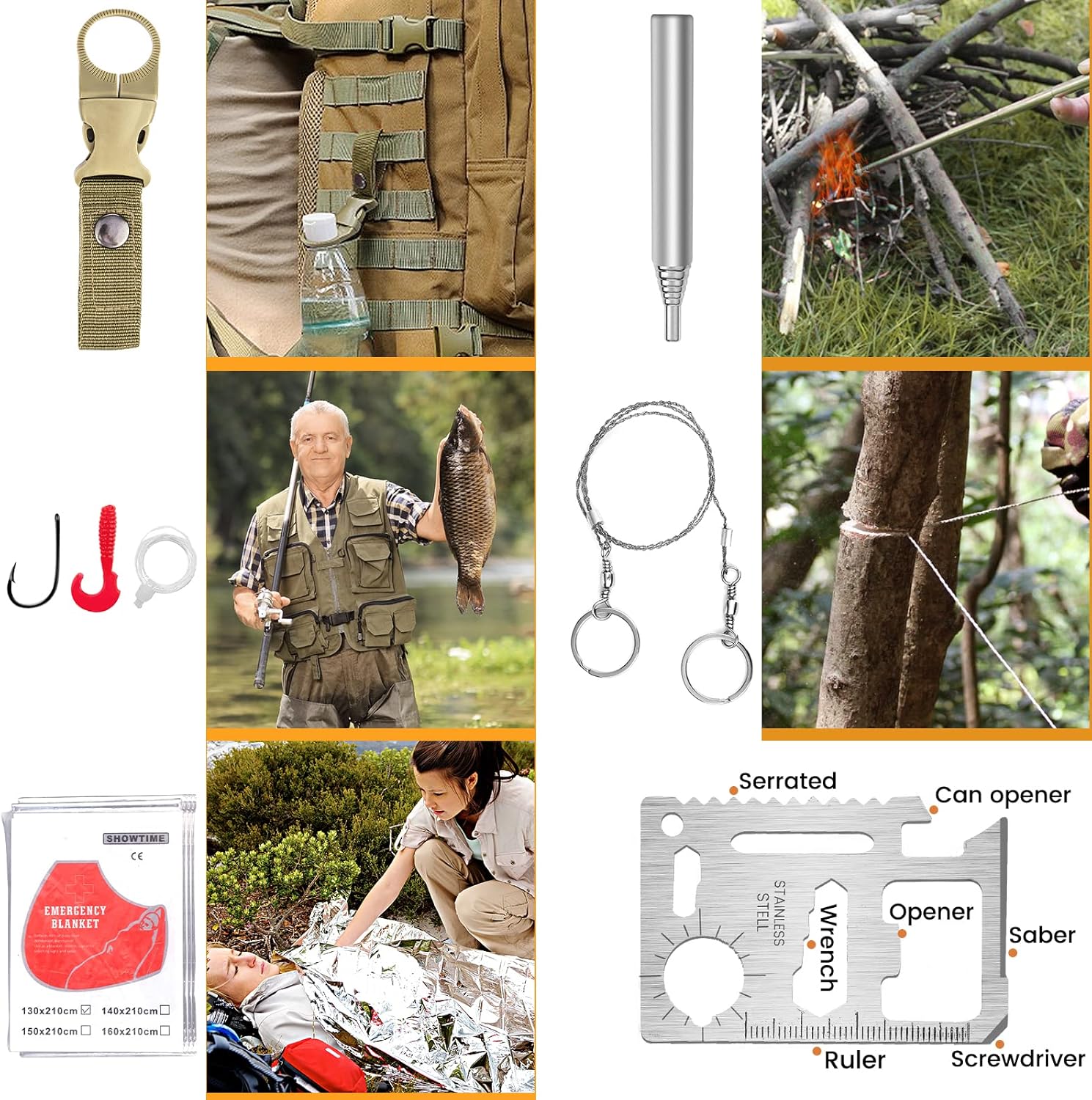 Survival-Kit, Notfall-Überlebensausrüstung mit Camping-Zubehör, Survival-Outdoor-Ausrüstung mit Fackel-Feuerstein für Camping, Abenteuer, Wandern, personalisierte Geschenke für Vater, Männer, Papa – Bild 6