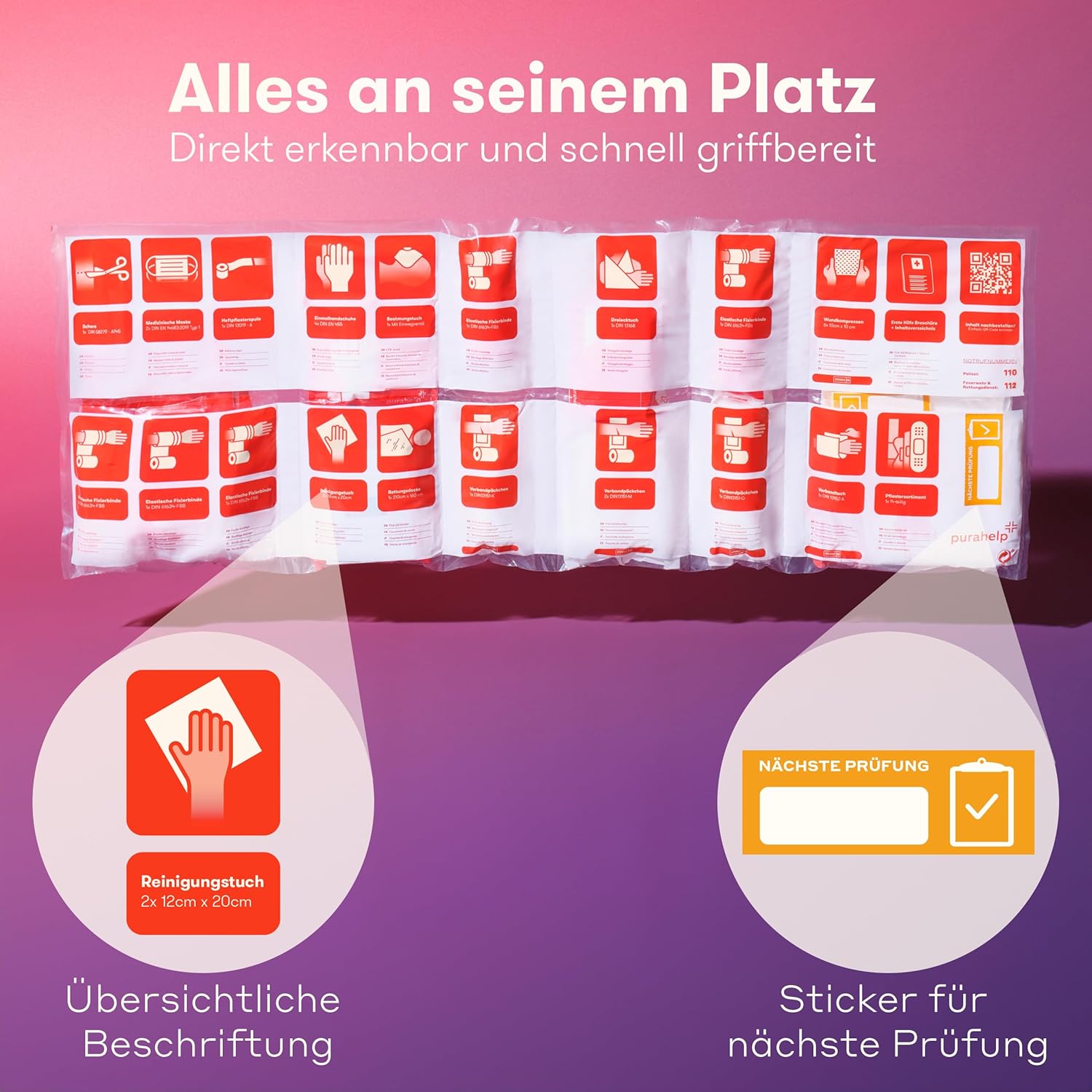 PURAHELP Erste-Hilfe-Set Auto inklusive Lüftungstuch (DIN 13164) – Erste-Hilfe-Set Auto StVO konform für 2026 – Erste-Hilfe-Set Auto & Sanitärset für unterwegs – Kompaktes Notfallset – Erste-Hilfe-Set Auto – Bild 5