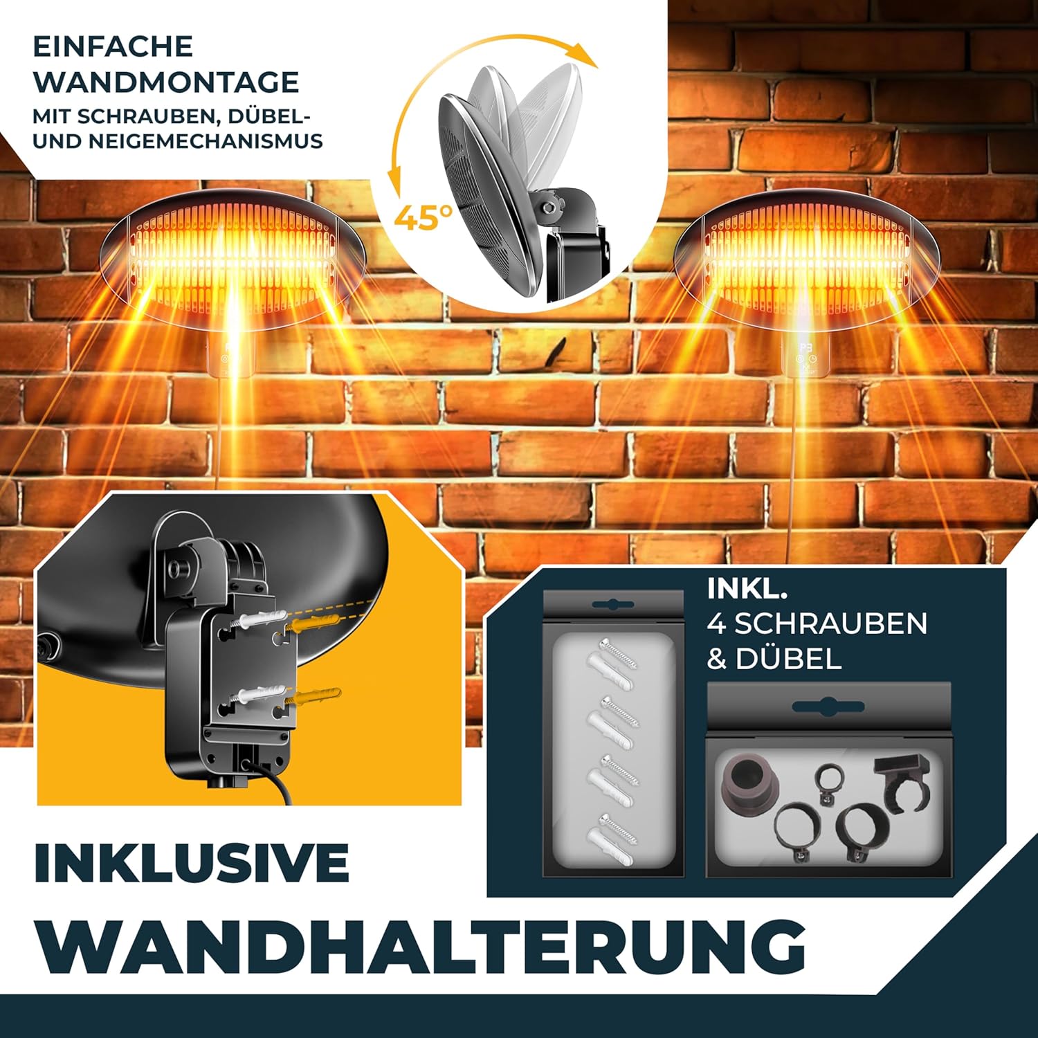 KESSER Infrarotheizung 2000W Terrassenheizer mit WLAN & Fernbedienung 360° drehbar, höhenverstellbar, Stand- & Wandmontage, Kippschutz, IPX4 spritzwassergeschützt, Heizstrahler Balkon und Garten – Bild 3