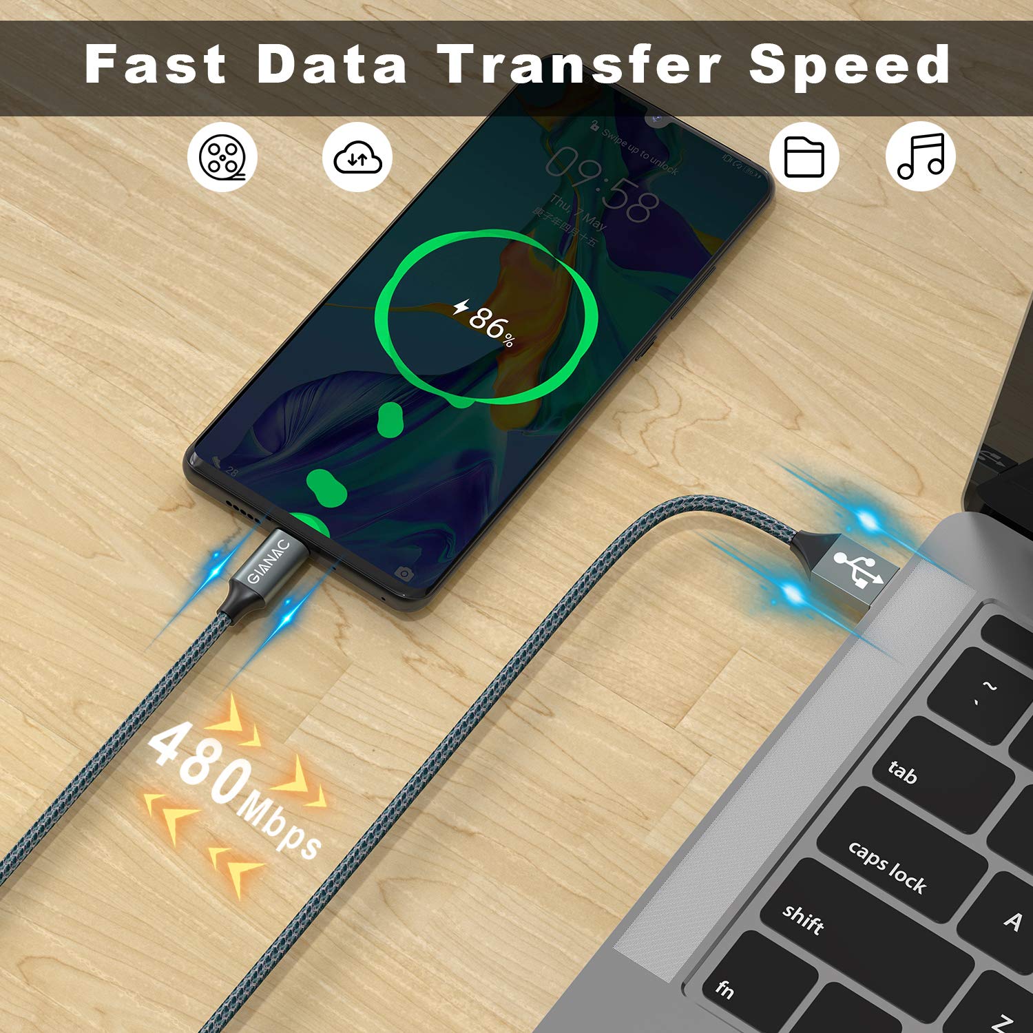 Gianac USB Typ C Kabel, 2er Pack 2m + 2m, 3A USB C Ladekabel und Datenkabel Nylon geflochtenes Fast Charge Sync Schnellladekabel für Samsung S10/S9/S8+, Huawei P30/P20/P10, Google Pixel, Xperia XZ – Bild 5