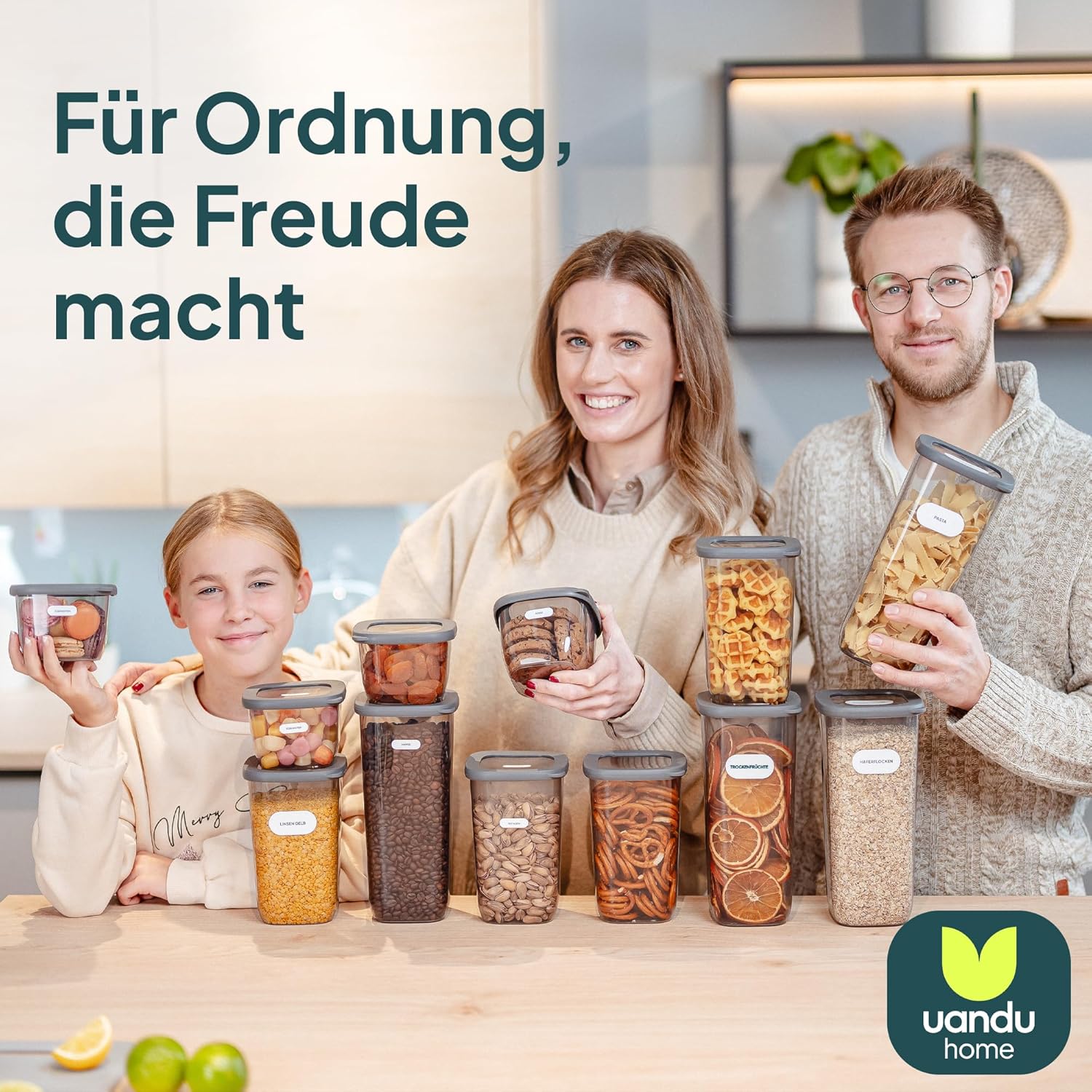uandu Vorratsdosen mit Deckel, luftdicht – Set mit 12 Vorratsbehältern, BPA-frei, Küchen-Vorratsdosen für Müsli, Mehl und Zucker, mit Etiketten – Bild 7
