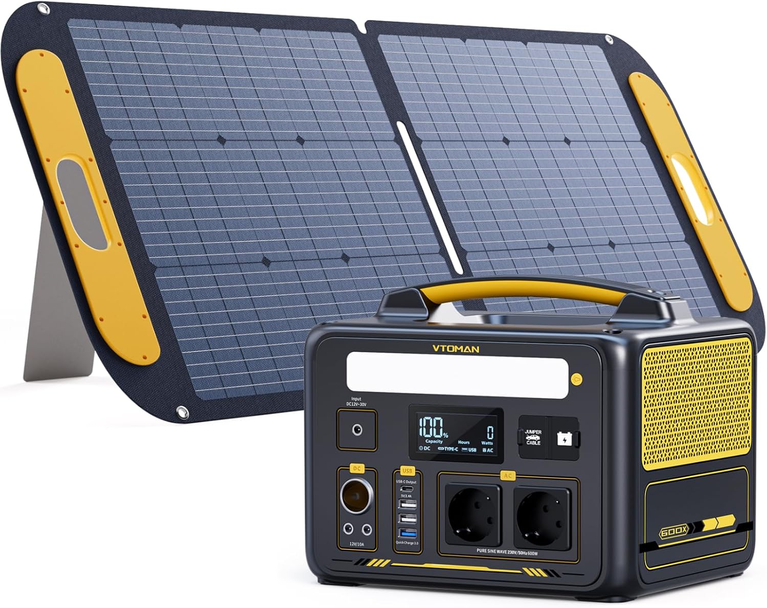 VTOMAN Jump 600X Tragbares Kraftwerk mit 110 W Solarpanel – 600 W/299 Wh LiFePO4-Akku-Solarstromgenerator, erweiterbare Kapazität auf 939 Wh für Camping, Wohnmobil, Reisen, Stromausfälle, Notfall