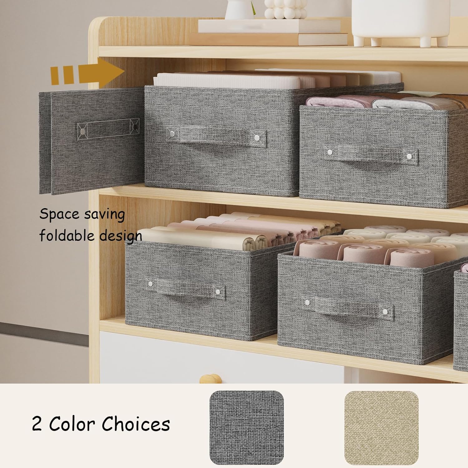 2 Stück Aufbewahrungskörbe für Regale, faltbare Stoff-Aufbewahrungsbox aus Leinen, Schubladen-Organizer-Box mit Griffen für Schrank, offene Stoffbehälter, 33 x 23 x 14 cm, grau – Bild 6