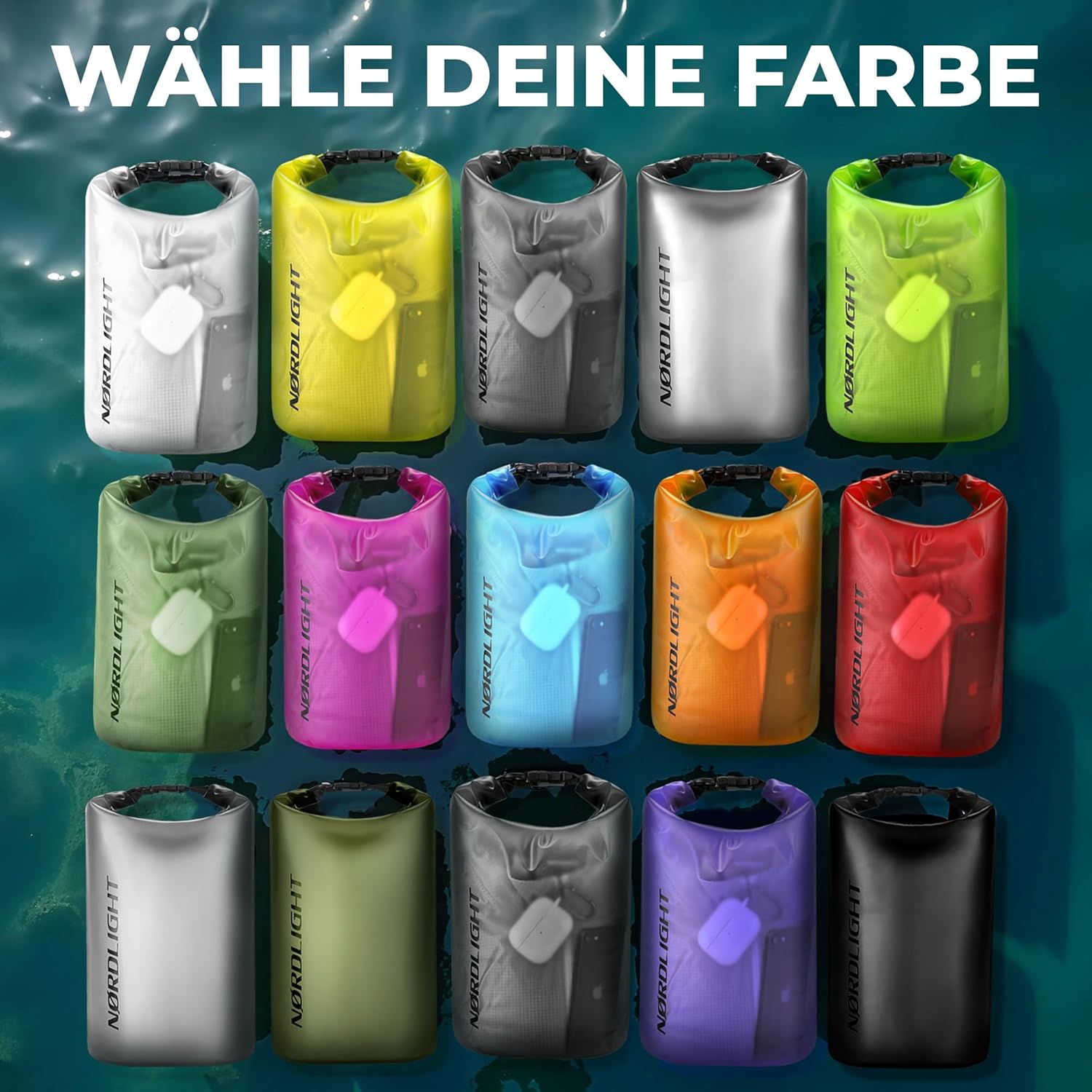 Nordlight Dry Bag wasserdichte Tasche, 2 l, 5 l, 10 l, 15 l, 20 l, 30 l, wasserdichter Trockensack + Roll-Top + Schultergurt, Schwimmen, Baden, Strand, Kanu, SUP, Tauchen, Handy – Bild 9