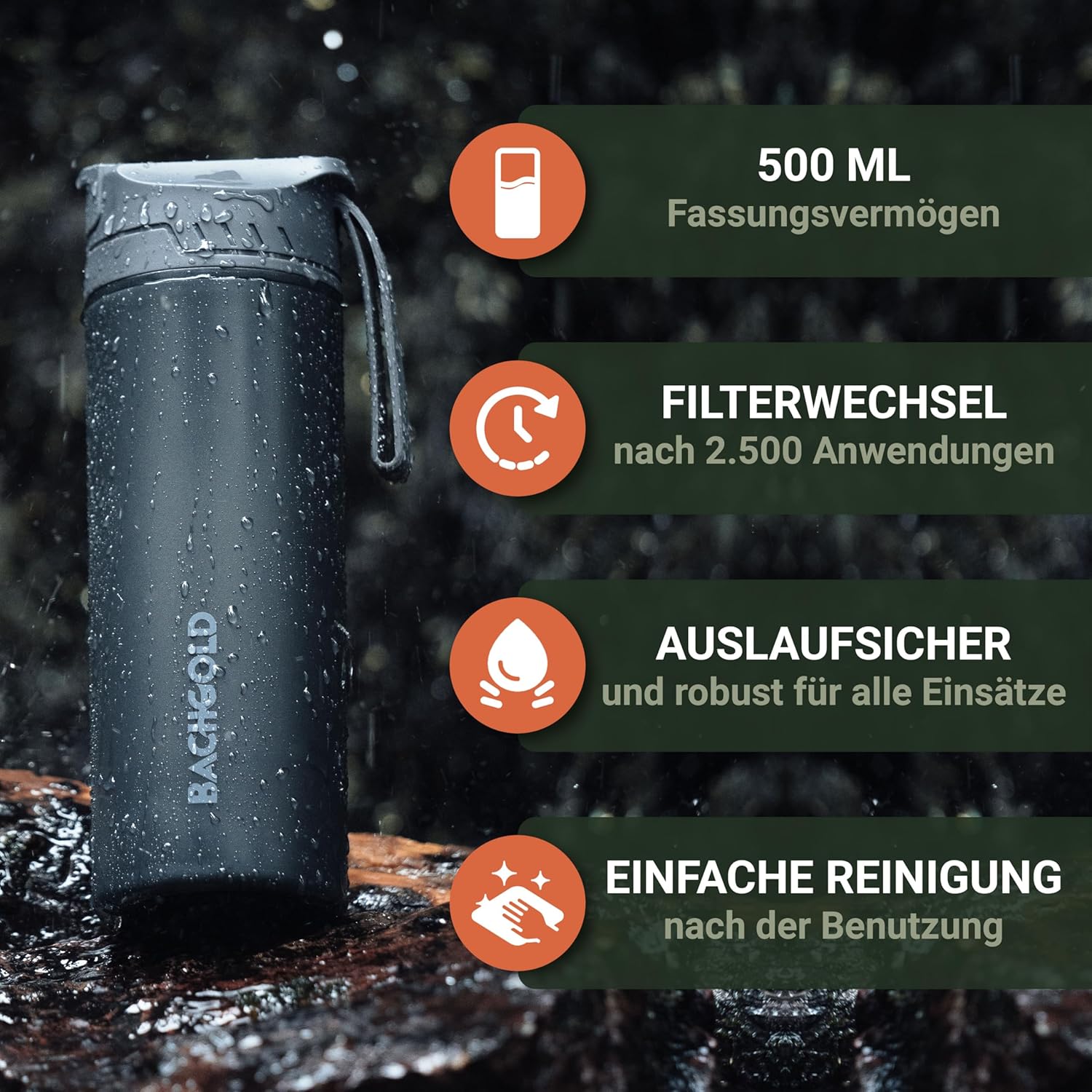 Bachgold Professionelle Wasserfilterflasche für den Außenbereich (500 ml), 1500 l Filterkapazität, entfernt 99,99 % der Bakterien, filtert Mikroplastik, Partikel und Chlor, verdunkelungs- und krisensicher (schwarz, 500 ml) – Bild 5