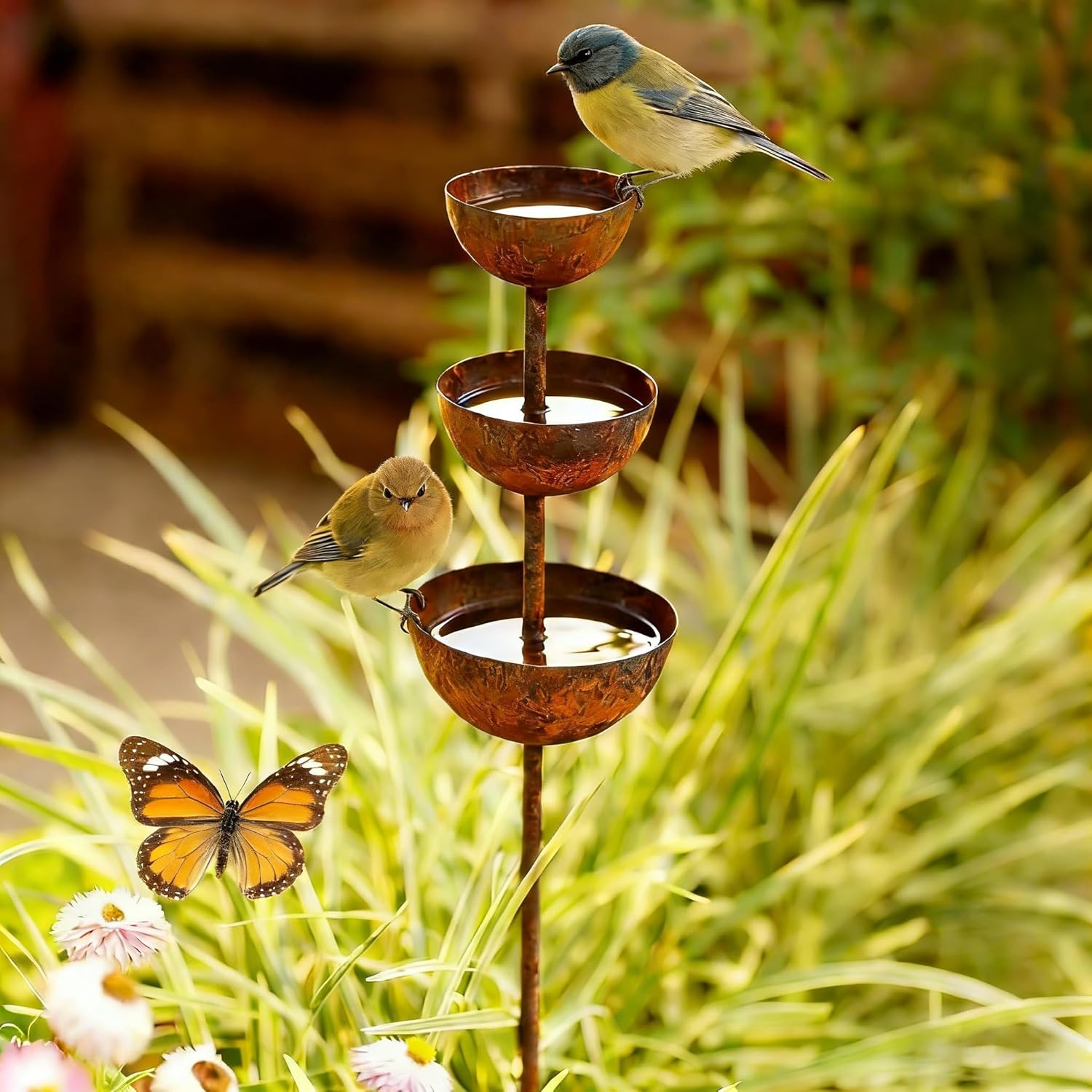 Gartendeko Vintage Vogeltränke Balkon Insektentrog Metall rostiger Gartenstecker für den Außenbereich wetterfest Patina Edelrostoptik rostiger Beetstecker Topfstecker – Bild 2