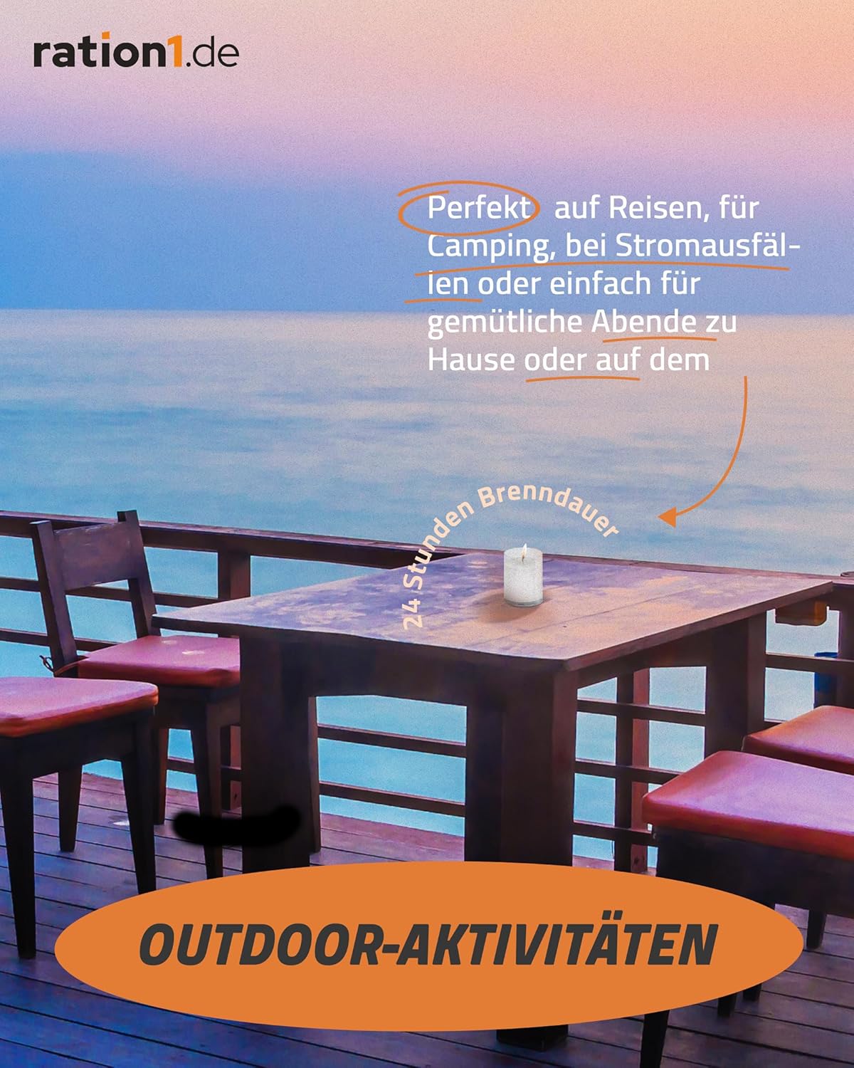 ration1.de 25 Kerzen, Teelichter groß, 24 Stunden Brenndauer, weiß, transparent, Lichtset unparfümiert, im klaren Kunststoffglas, ohne Duftstoffe, rußfrei, Dekoration für drinnen und draußen, Gastro, Party – Bild 4