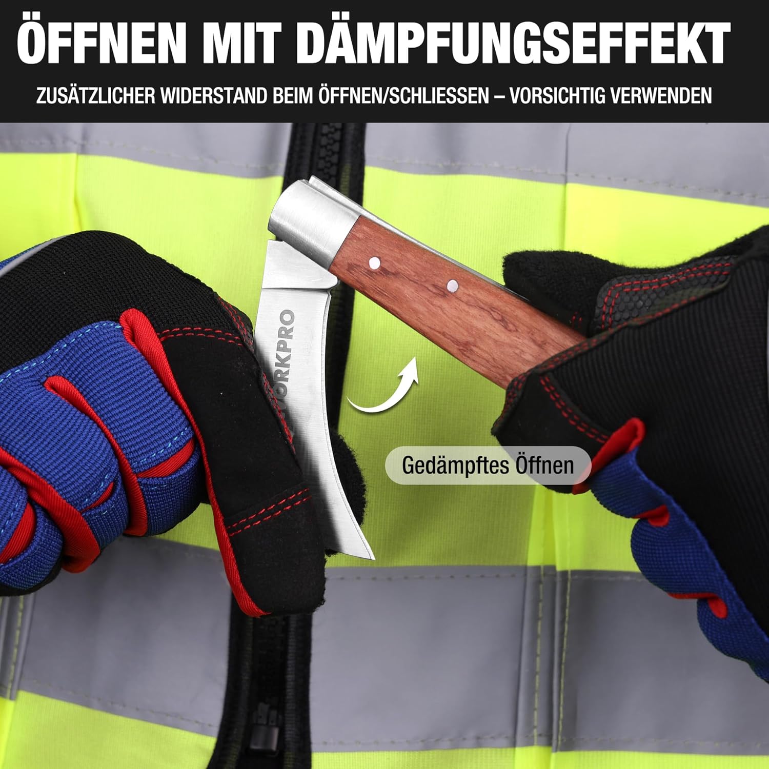 WORKPRO Klappbares Elektrikermesser mit gebogener Edelstahlklinge, poliertem Holzgriff, verstärkter Stahlzwinge, mit Bandring und Nagelkerbe, ideal zum Abisolieren von Kabeln, für Gartenarbeiten und den Einsatz im Freien – Bild 5