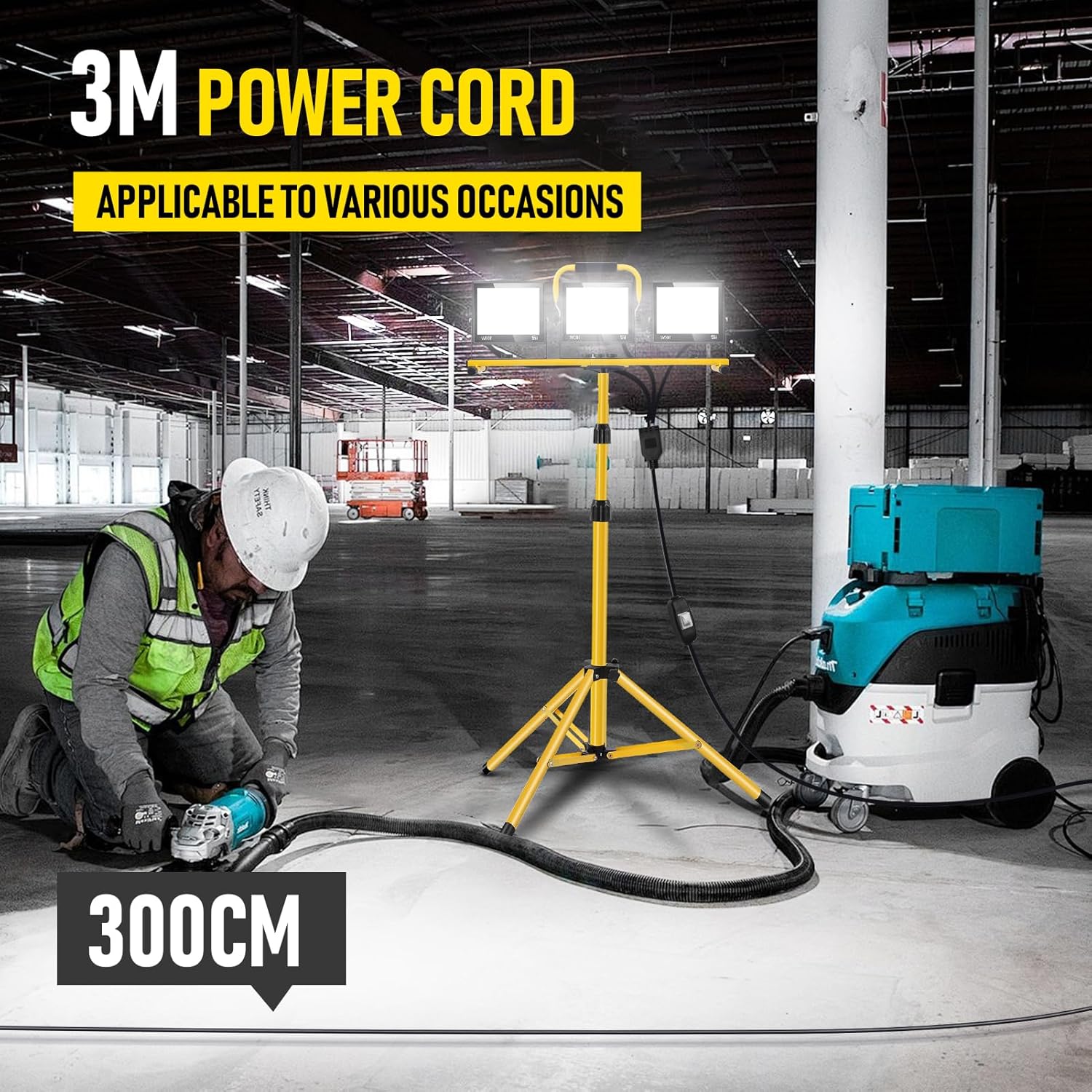 LED-Baustrahler mit Stativ, 300 W, 30.000 LM, 6500 K, LED-Arbeitsleuchte, IP66 wasserdichter Arbeitsstrahler, verstellbare Richtung, Baustellenlampe, Baustellenstrahler für Baustelle, Garage, Werkstatt – Bild 7