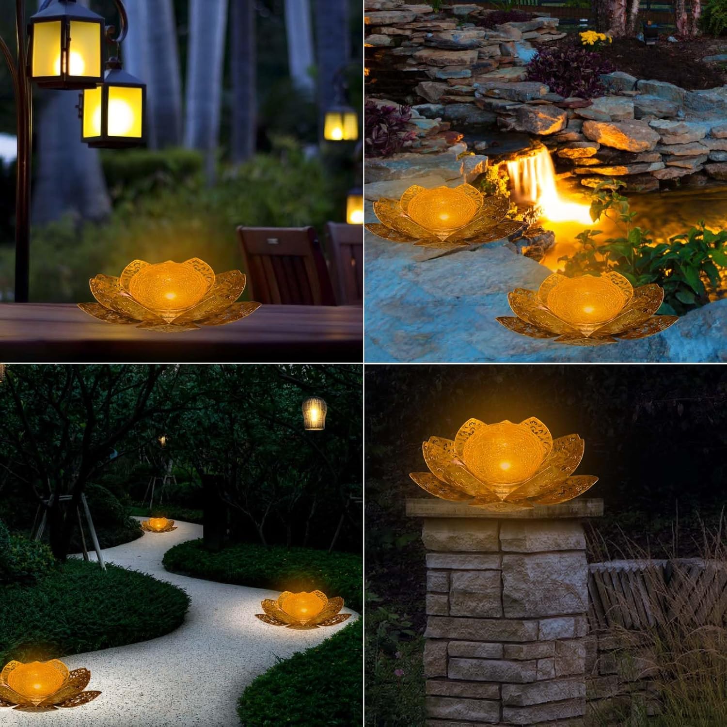 Solarleuchten für den Außenbereich, Solar-Lotus-Gartendekoration, Solar-Bodenleuchte für den Garten, warmes Licht, Gartenleuchten für die Terrassendekoration im Freien, LED-Solarleuchten, wasserdichte Metall-Solarlaterne – Bild 7
