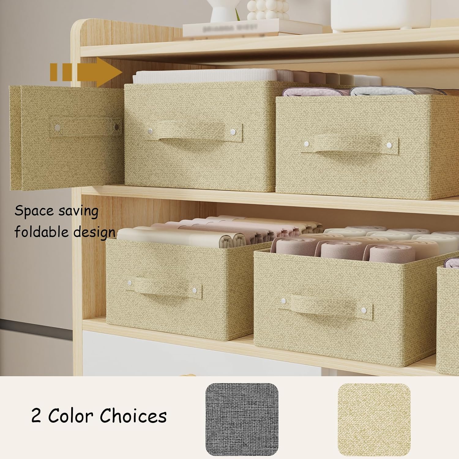 2 Stück Aufbewahrungskörbe für Regale, faltbare Stoff-Aufbewahrungsbox aus Leinen, Schubladen-Organizer-Box mit Griffen für Schrank, offene Stoffbehälter, 33 x 23 x 14 cm, Grau und Beige – Bild 7