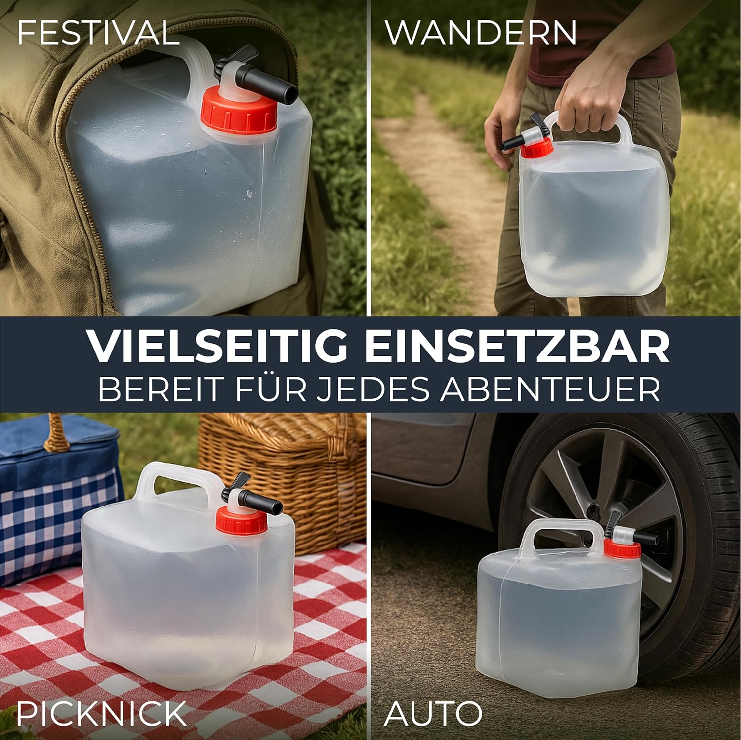 4 Stück faltbare 10 L Wasserkanister mit praktischem Ausgießhahn, Tragegriff und Schraubdeckel, 100 % auslaufsicher, für Camping, Outdoor etc. – Bild 4