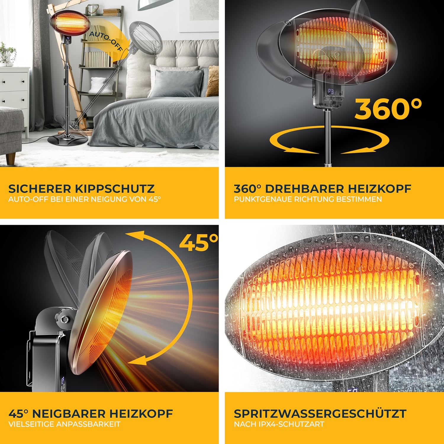 KESSER Infrarotheizung 2000W Terrassenheizer mit WLAN & Fernbedienung 360° drehbar, höhenverstellbar, Stand- & Wandmontage, Kippschutz, IPX4 spritzwassergeschützt, Heizstrahler Balkon und Garten – Bild 7