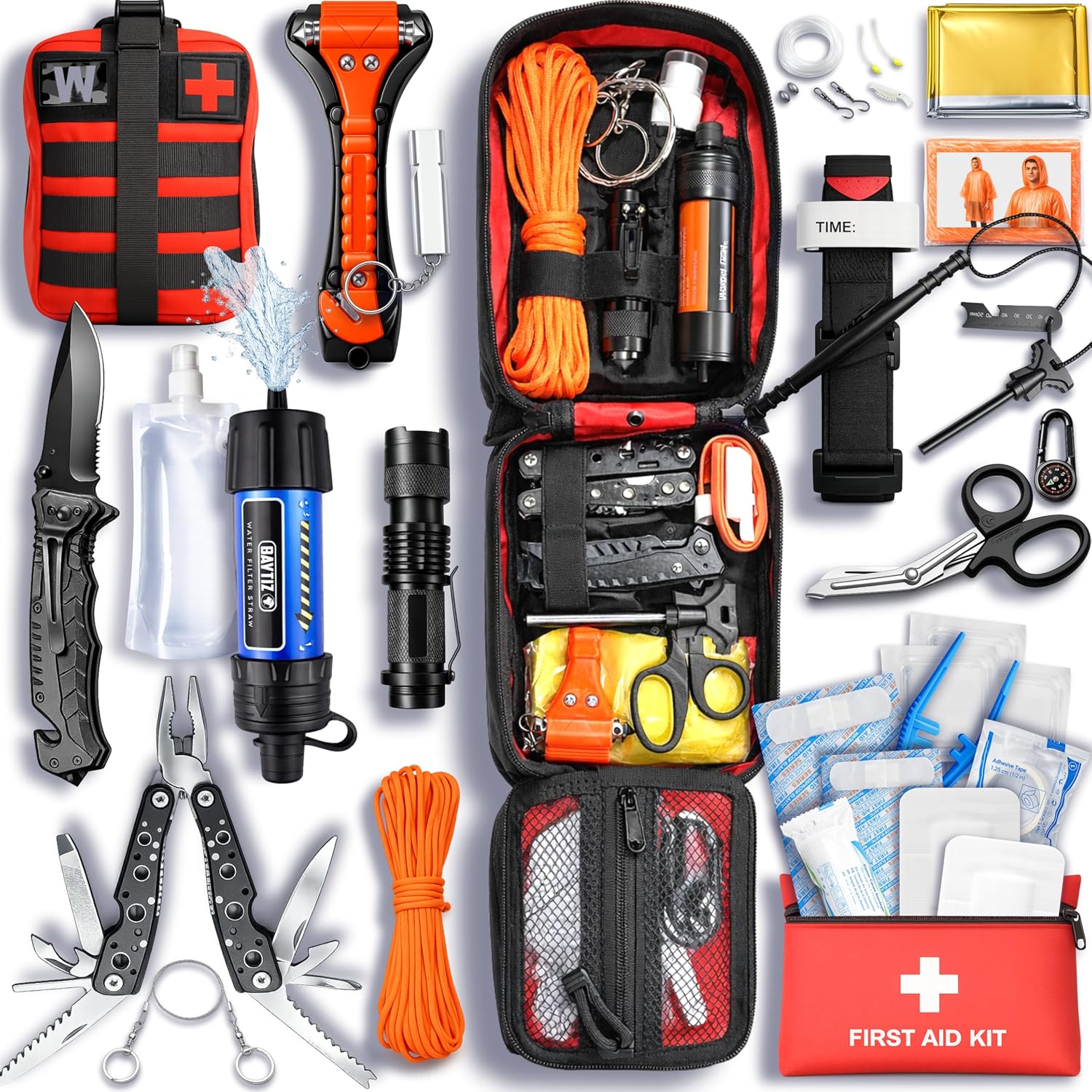 Baytiz Survival Kit und Erste-Hilfe-Set, mit Wasserfilter-Strohhalm und Outdoor-Ausrüstung, Militärrucksäcken, Zubehör für Camping, Wandern, Radfahren, Auto-Gadget für Männer und Kinder