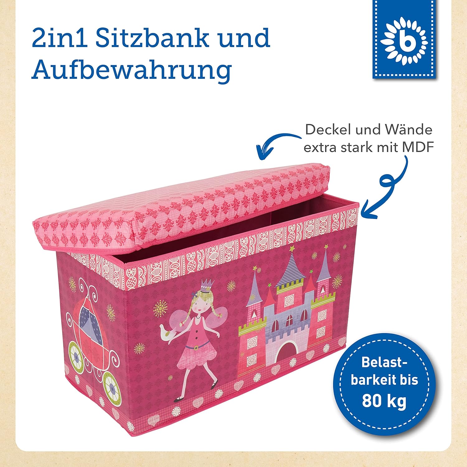 Bieco faltbare Aufbewahrungsbox mit Sitzbankaufbewahrung mit Deckel mit gepolsterter Prinzessin (Prinzessin) – Bild 4