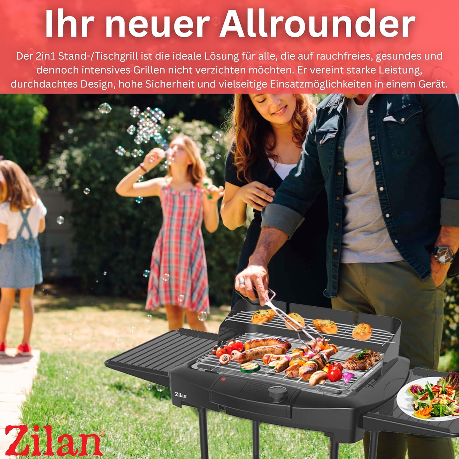 2-in-1 Elektrogrill Standgrill Tischgrill elektrisch 2.400 Watt – Elektrogrill für Balkon, Outdoor und Indoor mit Standfuß große Grillfläche stufenlose Temperaturregelung Elektro-BBQ-Grill – Bild 7