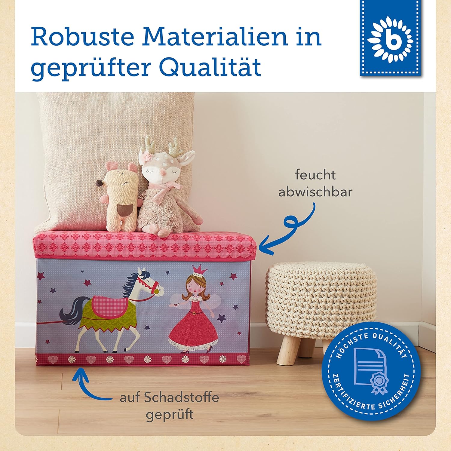 Bieco faltbare Aufbewahrungsbox mit Sitzbankaufbewahrung mit Deckel mit gepolsterter Prinzessin (Prinzessin) – Bild 6
