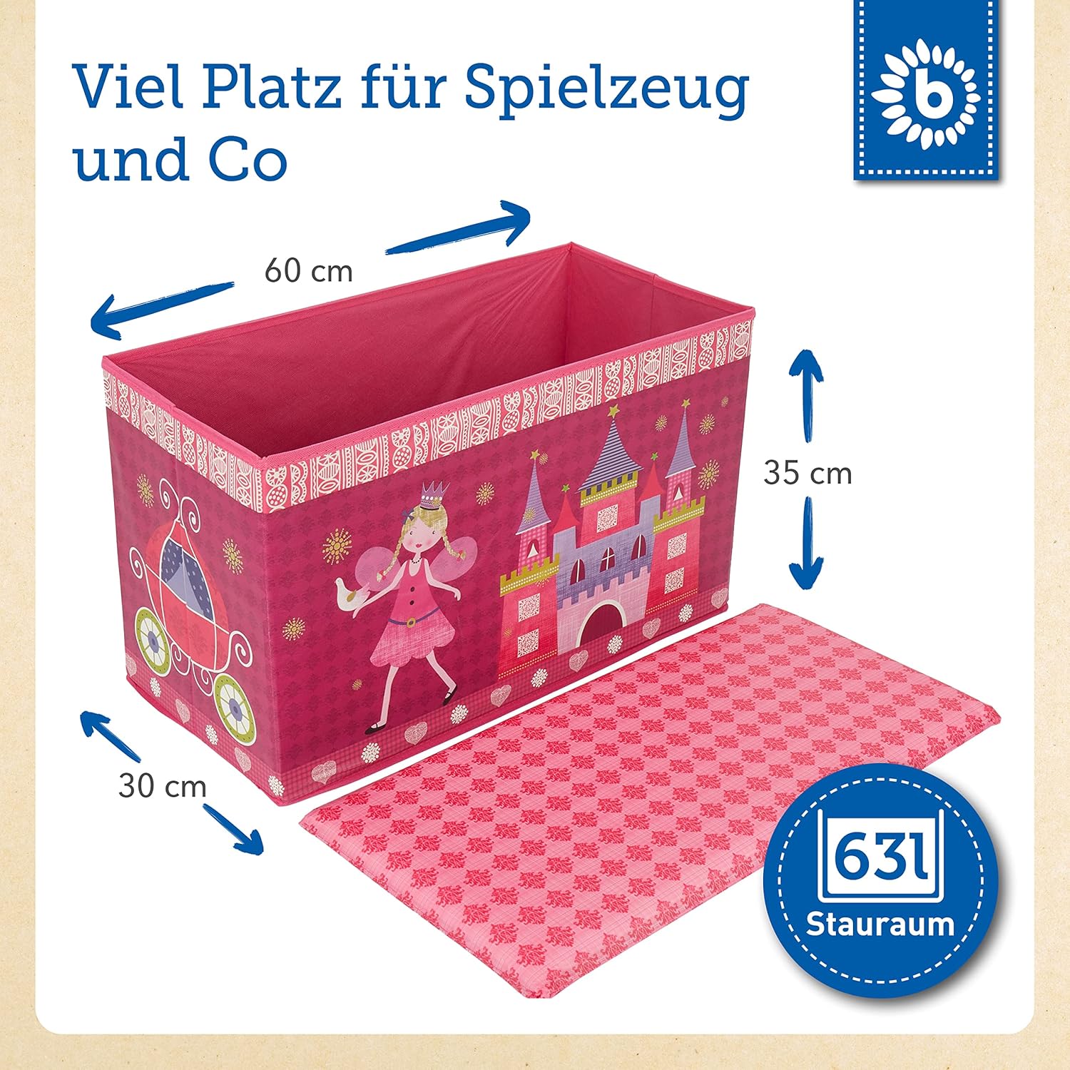 Bieco faltbare Aufbewahrungsbox mit Sitzbankaufbewahrung mit Deckel mit gepolsterter Prinzessin (Prinzessin) – Bild 3