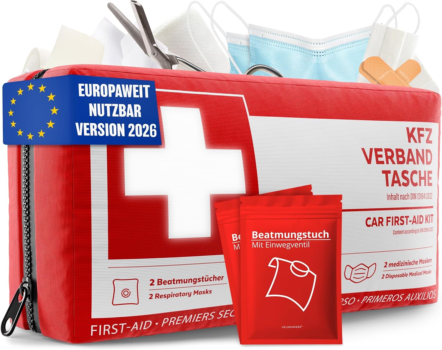 KFZ-Verbandstasche nach aktueller Norm 2026 inkl. Lüftungstücher – KFZ-Verbandkasten europaweit einsetzbar – Verbandskasten DIN 13164:2022 (StVO konform)