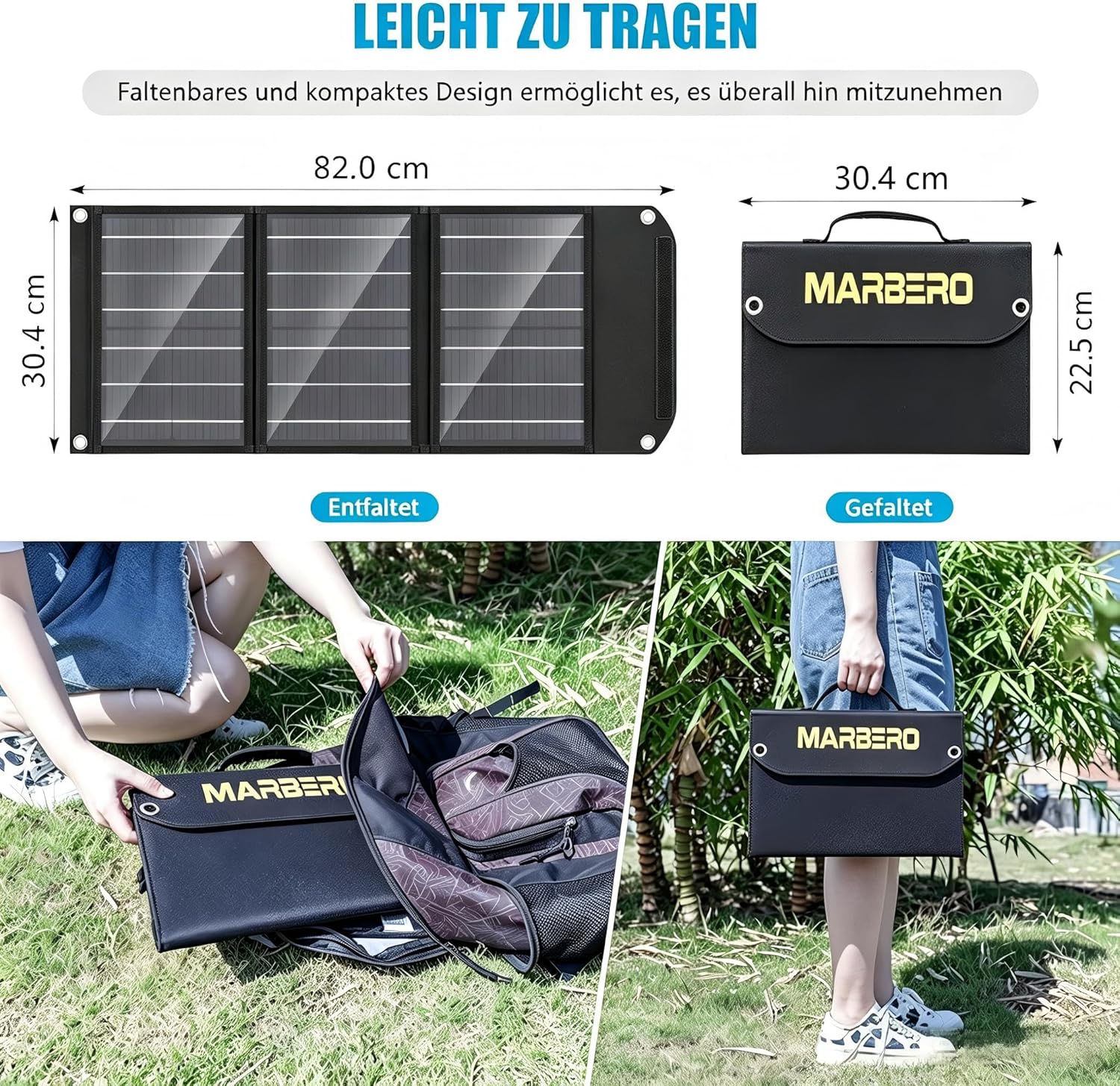 MARBERO faltbares Solarpanel 30 W 16,5 V, kompaktes und leichtes Solarladegerät mit QC3.0 USB, Typ-C und DC-Ausgang – ideal für Smartphone, Tablet, Powerbank, Camping, Wandern, Outdoor – Bild 2