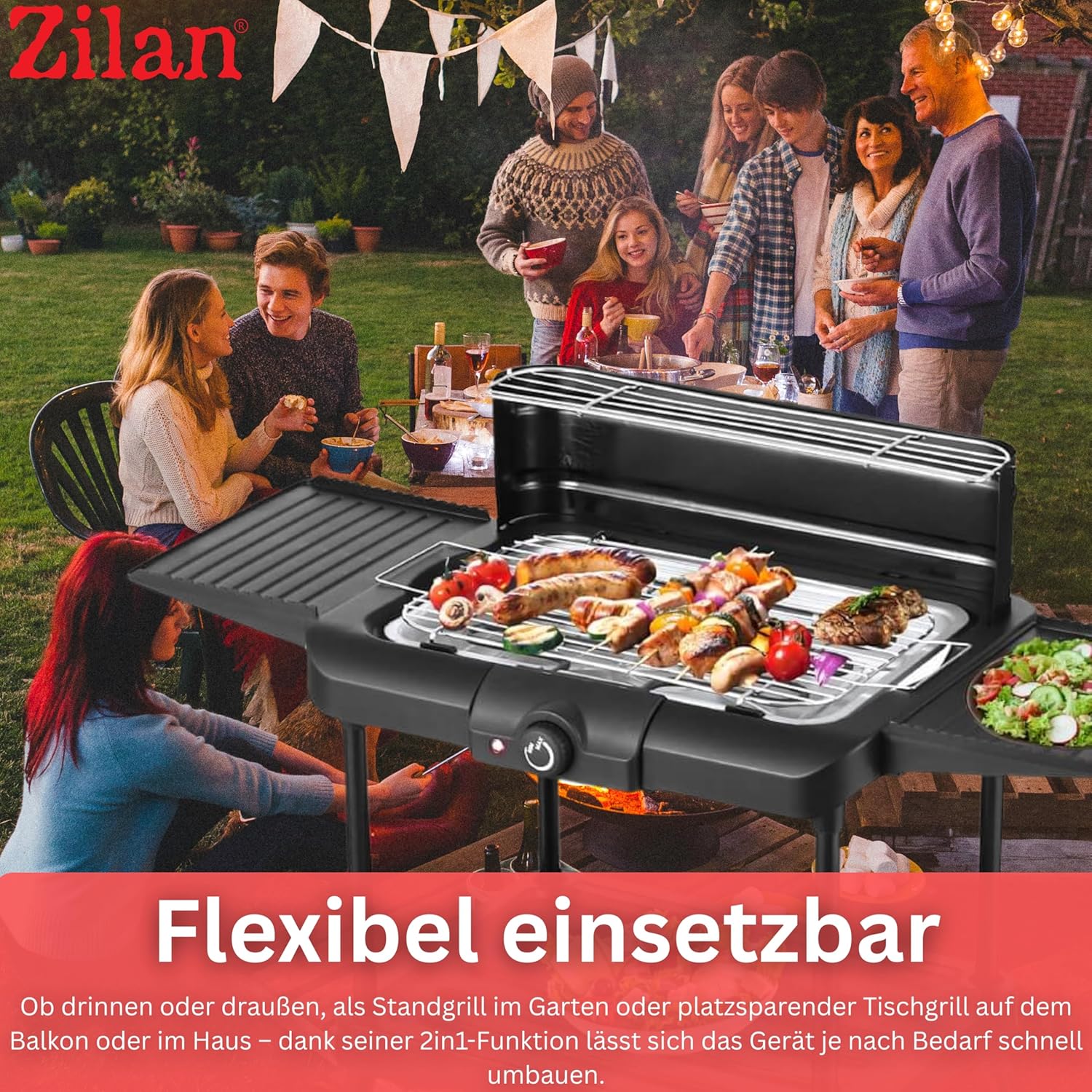 2-in-1 Elektrogrill Standgrill Tischgrill elektrisch 2.400 Watt – Elektrogrill für Balkon, Outdoor und Indoor mit Standfuß große Grillfläche stufenlose Temperaturregelung Elektro-BBQ-Grill – Bild 2