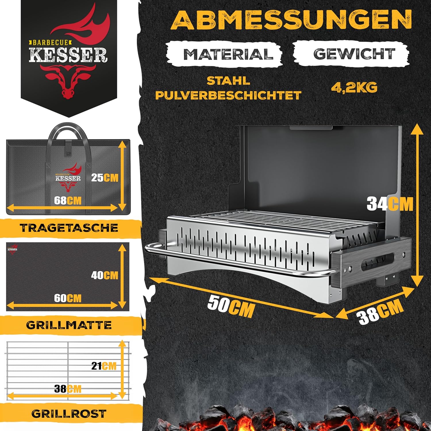 KESSER Klappgrill, tragbarer Campinggrill, Holzkohlegrill aus pulverbeschichtetem Stahl, inklusive Grillrost, Grillmatte und Tragetasche, faltbarer Grill, ideal für Camping, Picknick und Angeln – Bild 5