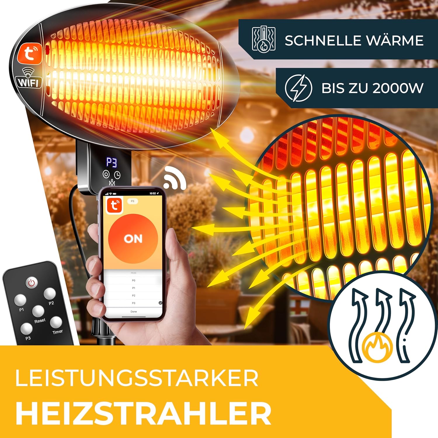 KESSER Infrarotheizung 2000W Terrassenheizer mit WLAN & Fernbedienung 360° drehbar, höhenverstellbar, Stand- & Wandmontage, Kippschutz, IPX4 spritzwassergeschützt, Heizstrahler Balkon und Garten – Bild 6