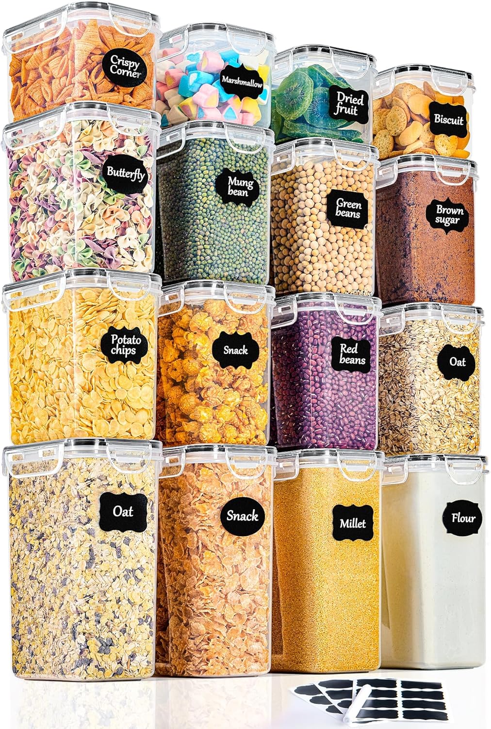 GoMaihe Set mit 16 Vorratsgläsern, Küchen-Organizer, Vorratsgläser mit Deckel, luftdichter Kunststoff, Aufbewahrungsbehälter für Müsli, Mehl, Cornflakes, alle trockenen Lebensmittel