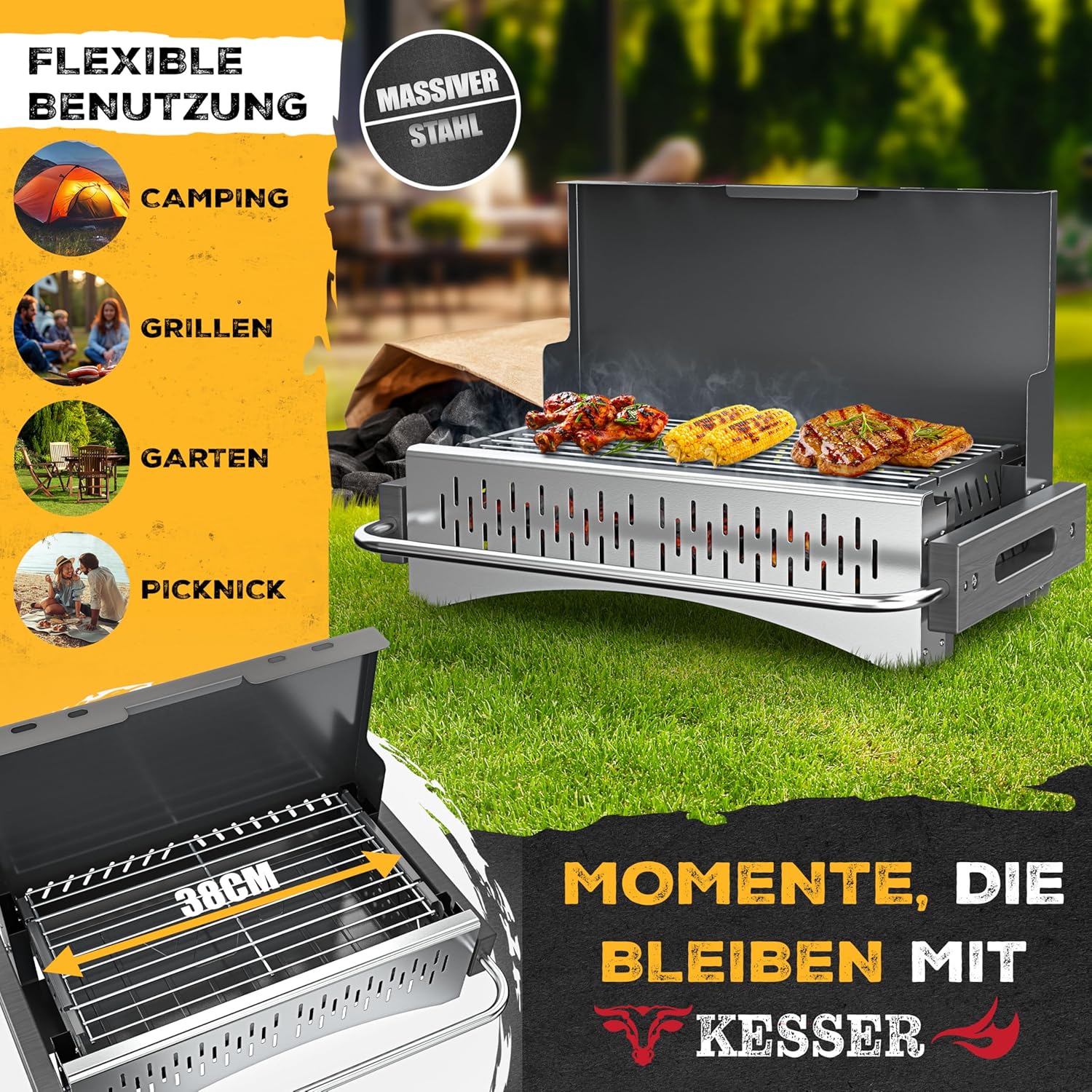 KESSER Klappgrill, tragbarer Campinggrill, Holzkohlegrill aus pulverbeschichtetem Stahl, inklusive Grillrost, Grillmatte und Tragetasche, faltbarer Grill, ideal für Camping, Picknick und Angeln – Bild 3