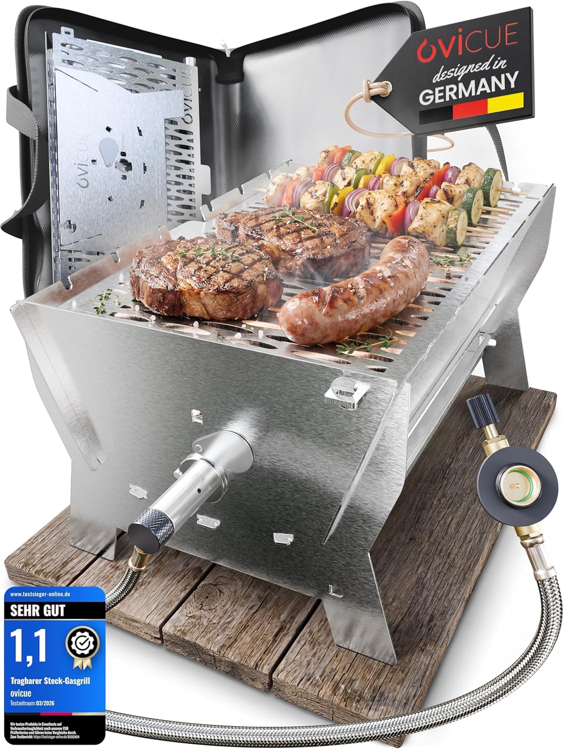 Grillen | Mobiler Plug-In-Gasgrill – Tragbarer Edelstahlgrill mit Plug-In-System – Gas- & Holzkohlebetrieb – inklusive Tragetasche – perfekt für Camping, Balkon, Garten & Outdoor – Campinggrill