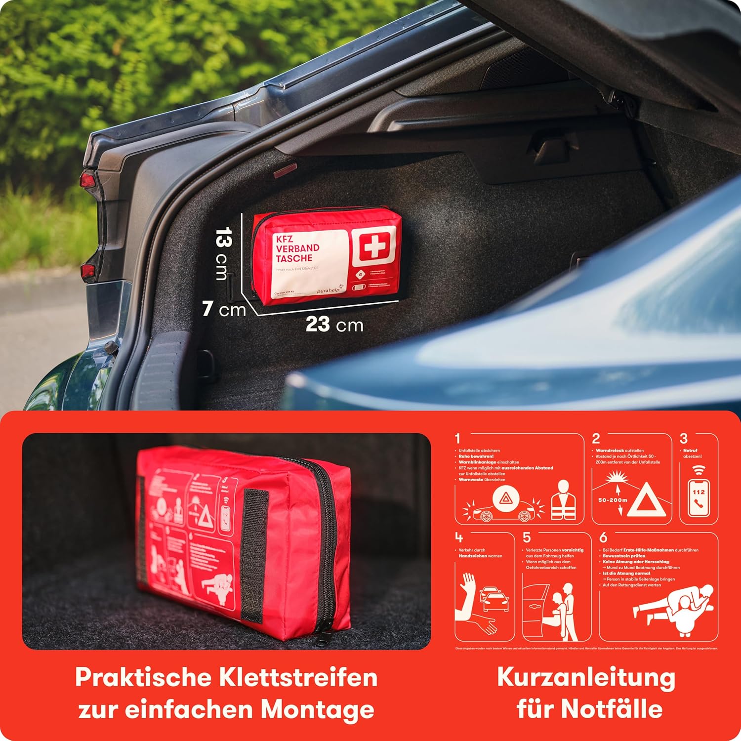 PURAHELP Erste-Hilfe-Set Auto inklusive Lüftungstuch (DIN 13164) – Erste-Hilfe-Set Auto StVO konform für 2026 – Erste-Hilfe-Set Auto & Sanitärset für unterwegs – Kompaktes Notfallset – Erste-Hilfe-Set Auto – Bild 6