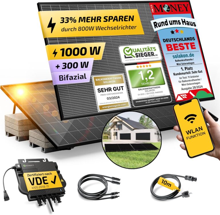 Solakon 1000 W Balkonkraftwerk mit Halterung (Flachdach) – Balkonkraftwerk 800 W Komplettsteckdose – 800 Watt Wechselrichter – Solaranlage Komplettset – 500 W bifaziale Solarmodule inklusive Zubehör