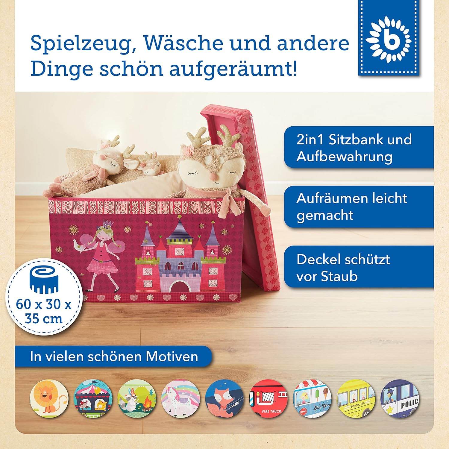 Bieco faltbare Aufbewahrungsbox mit Sitzbankaufbewahrung mit Deckel mit gepolsterter Prinzessin (Prinzessin) – Bild 2