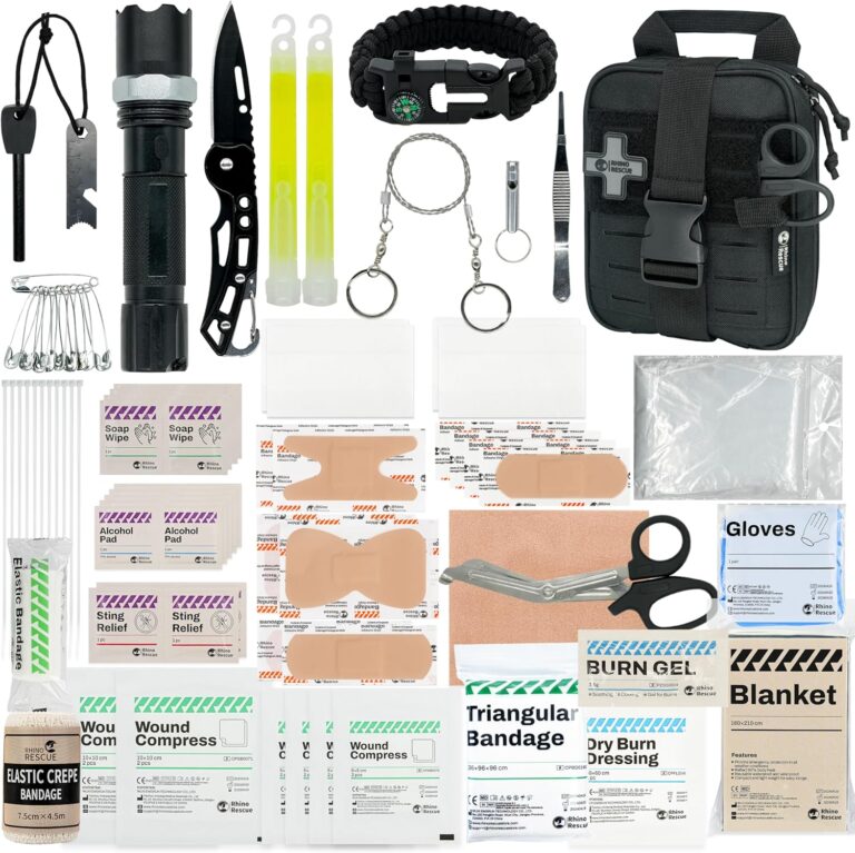RHINO RESCUE Kleines Erste-Hilfe-Set, Überlebenswerkzeug, Notfalltasche für Auto, Camping, Rucksackreisen, Wandern, Jagd