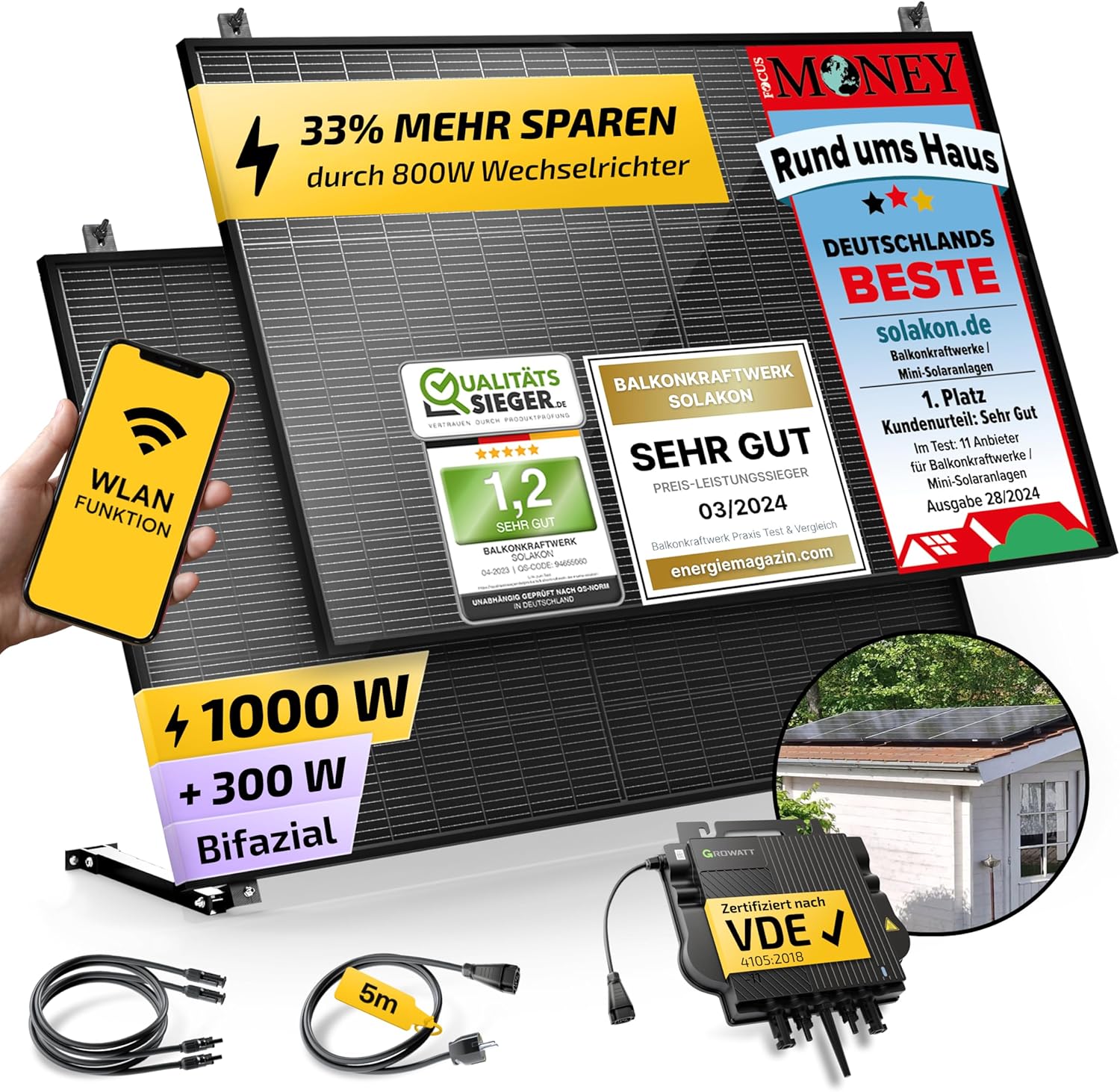 Solakon 1000 W Balkonkraftwerk mit Halterung (Gartenhaus) – 800 W Komplettsteckdose – Neuester 800 Watt Wechselrichter – Solaranlage Komplettset – 500 W bifaziale Solarmodule inklusive Zubehör