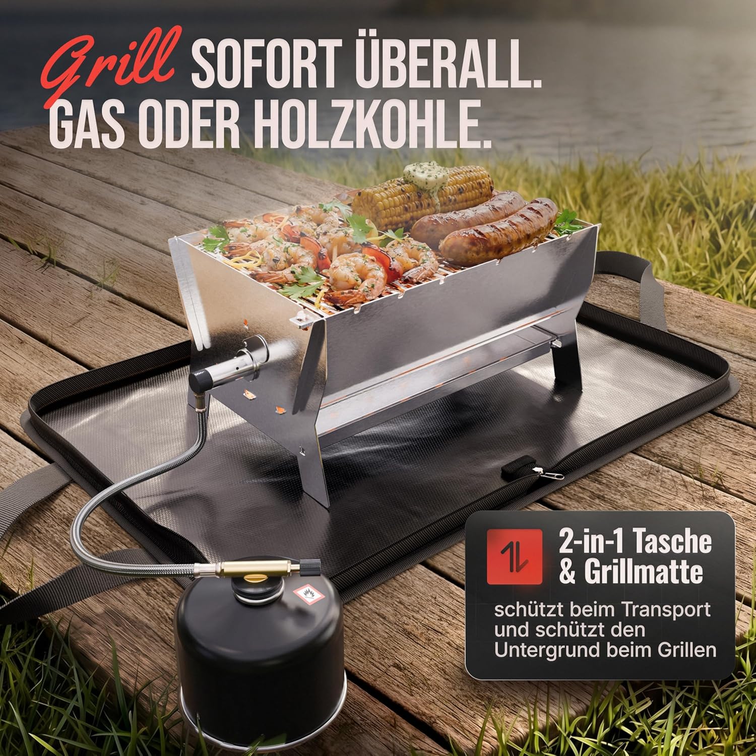 Grillen | Mobiler Plug-In-Gasgrill – Tragbarer Edelstahlgrill mit Plug-In-System – Gas- & Holzkohlebetrieb – inklusive Tragetasche – perfekt für Camping, Balkon, Garten & Outdoor – Campinggrill – Bild 3