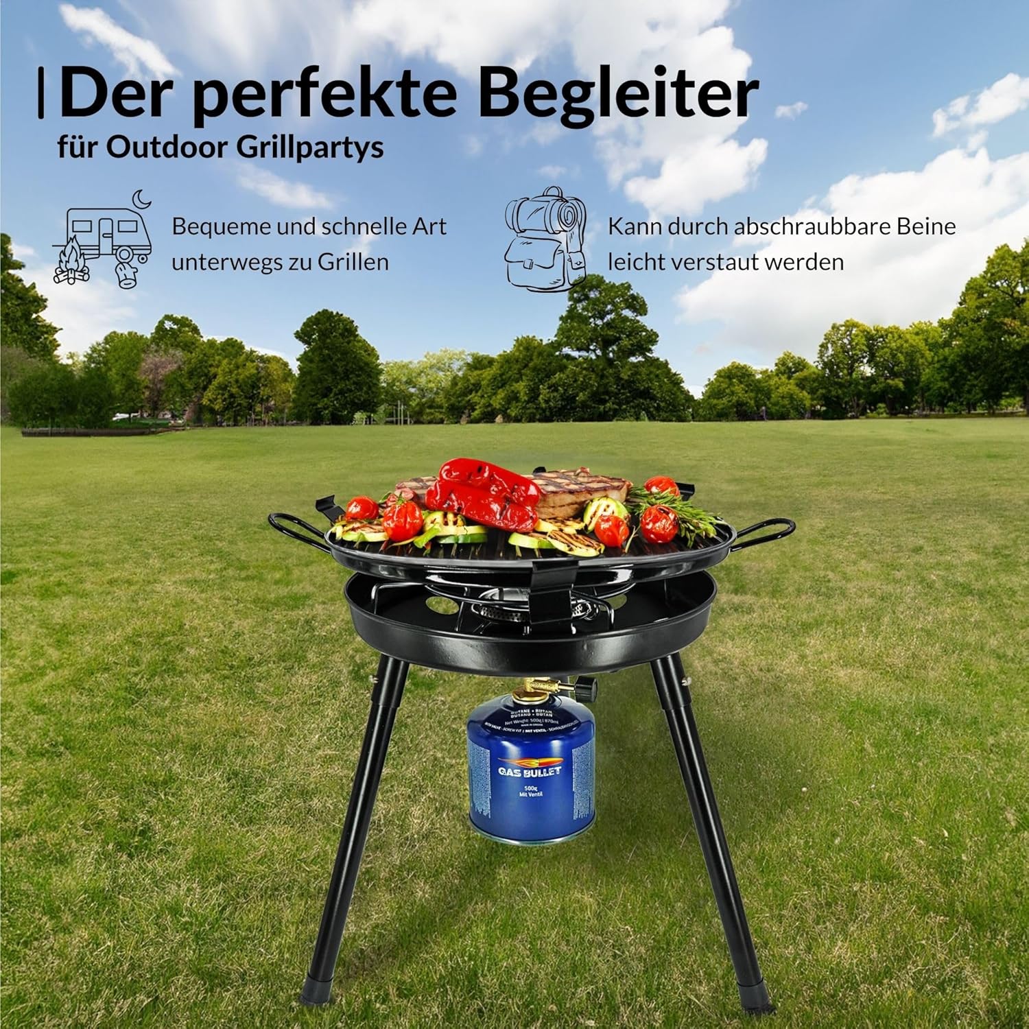 Gasgrill mit Pfanne & Wok + 4 Kartuschen (300 g) | für Schraubgaskartuschen | Schraubbar | Campinggrill, Partygrill für Camping, Festivals & Outdoor (Gaskocher + 4 Kartuschen) – Bild 3