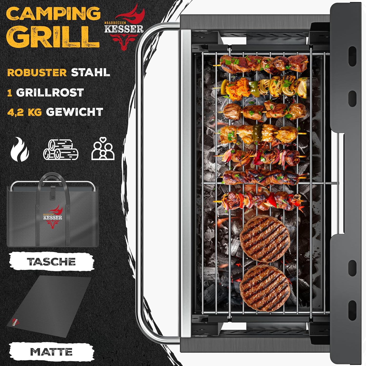 KESSER Klappgrill, tragbarer Campinggrill, Holzkohlegrill aus pulverbeschichtetem Stahl, inklusive Grillrost, Grillmatte und Tragetasche, faltbarer Grill, ideal für Camping, Picknick und Angeln – Bild 2