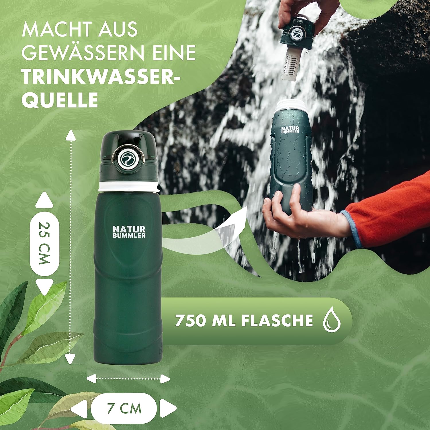 NATURBUMMLER Wasserfilterflasche (750 ml), faltbar und ultraleicht – filtert 99,99 % aller Bakterien (200 l Fassungsvermögen) – Wasserflasche mit Filter für Outdoor-Survival, Camping und Wandern – Bild 2